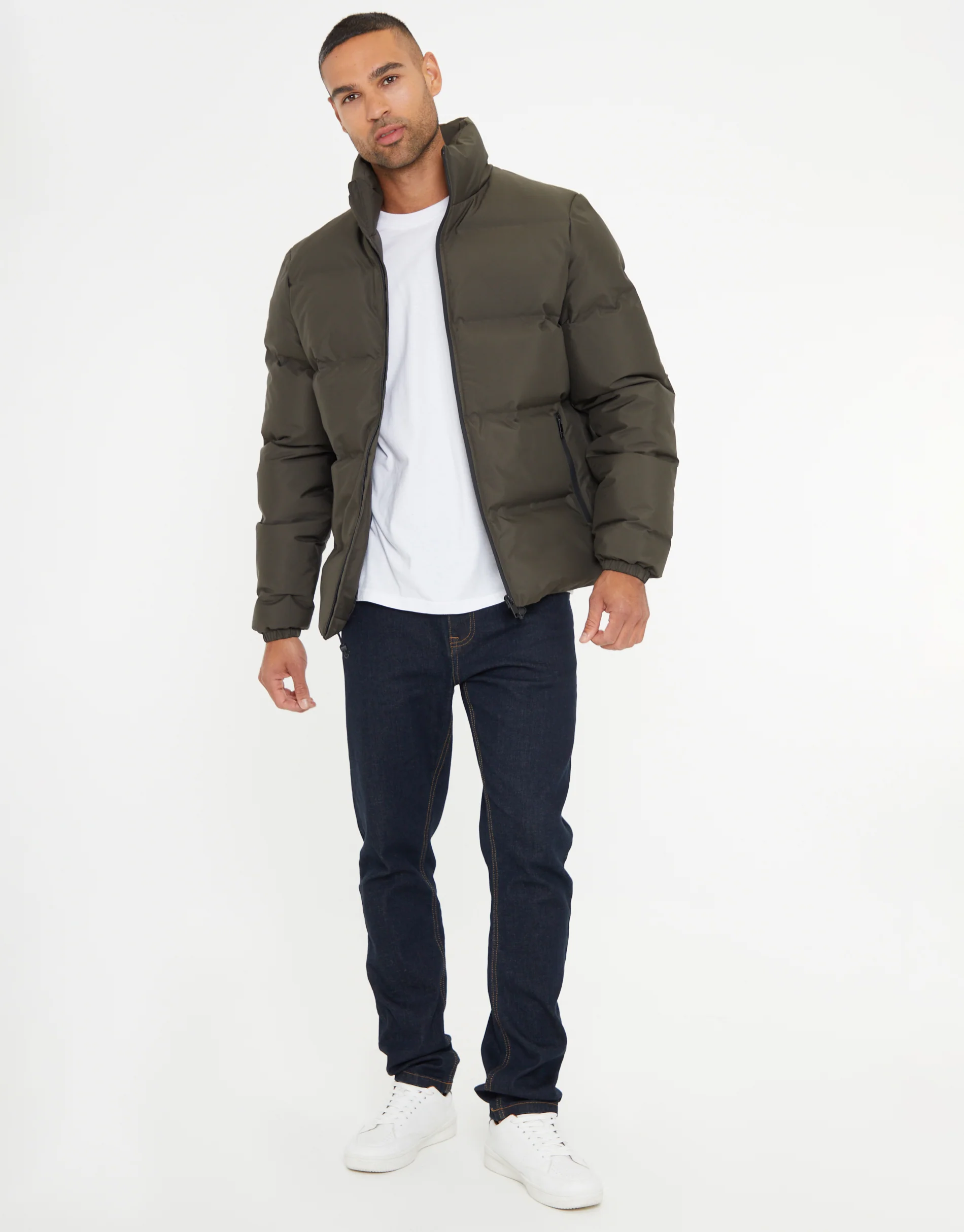 Funnel Neck Puffer Jacket in Khaki Green - Image 3