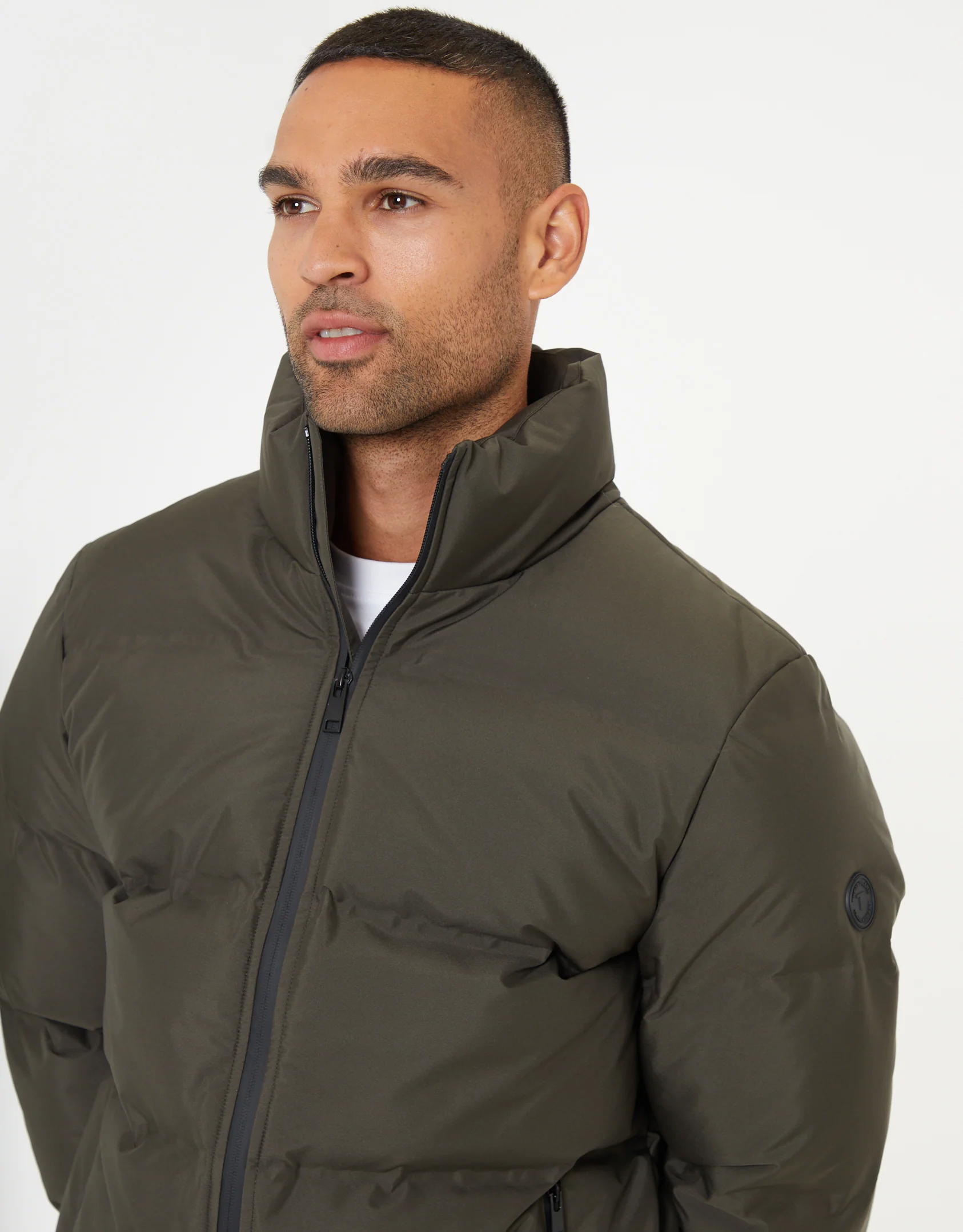 Funnel Neck Puffer Jacket in Khaki Green - Image 4