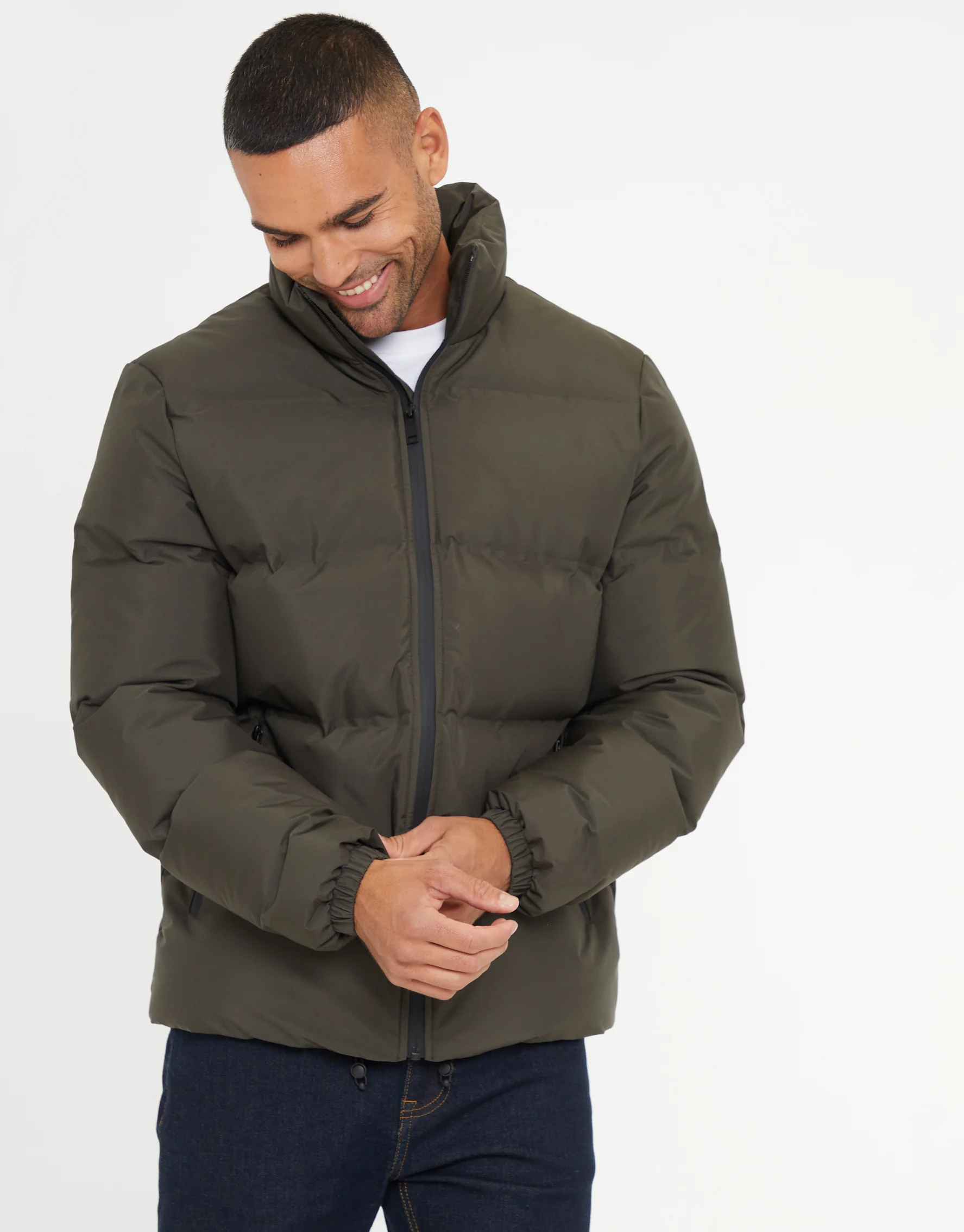 Funnel Neck Puffer Jacket in Khaki Green - Image 5