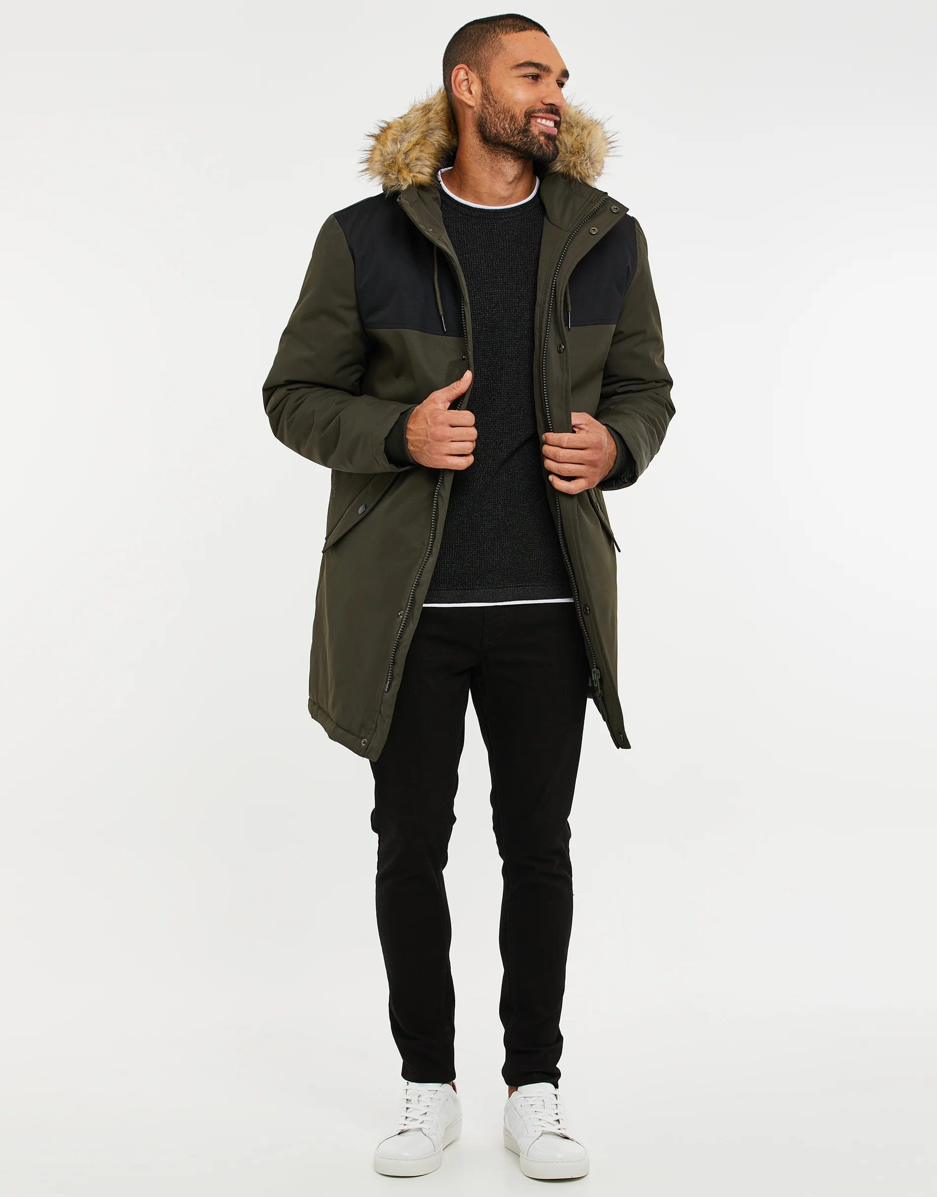Colourblock Parka Jacket in Khaki Green - Image 3