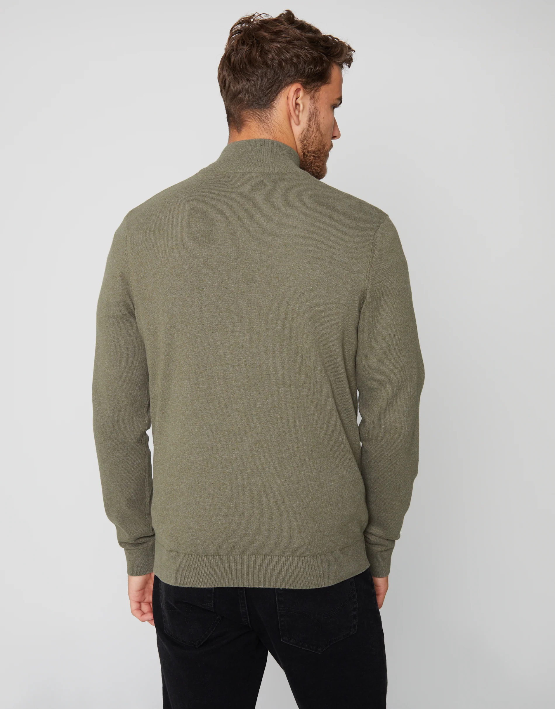 Rib Detail Knitted Quarter Zip Jumper in Khaki Green - Image 2