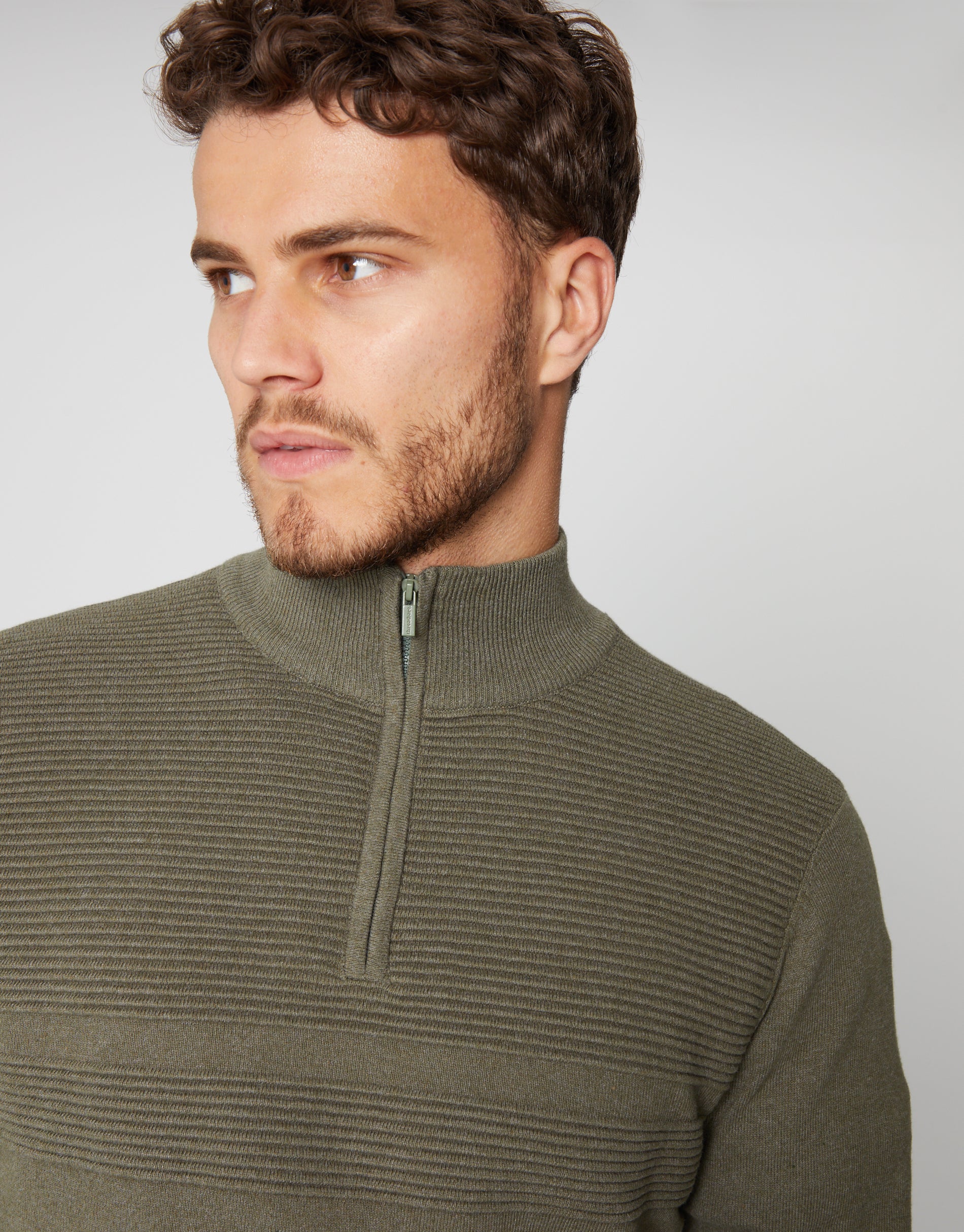 Rib Detail Knitted Quarter Zip Jumper in Khaki Green - Image 4