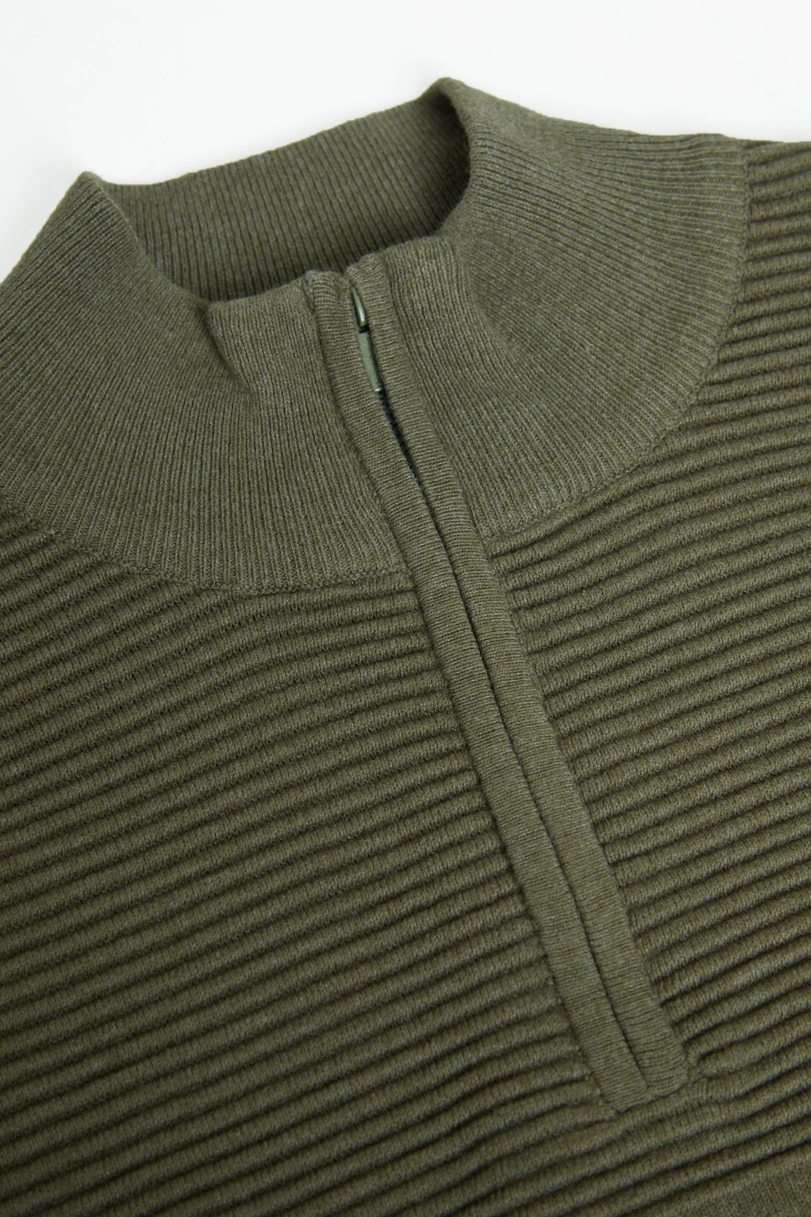 Rib Detail Knitted Quarter Zip Jumper in Khaki Green - Image 5