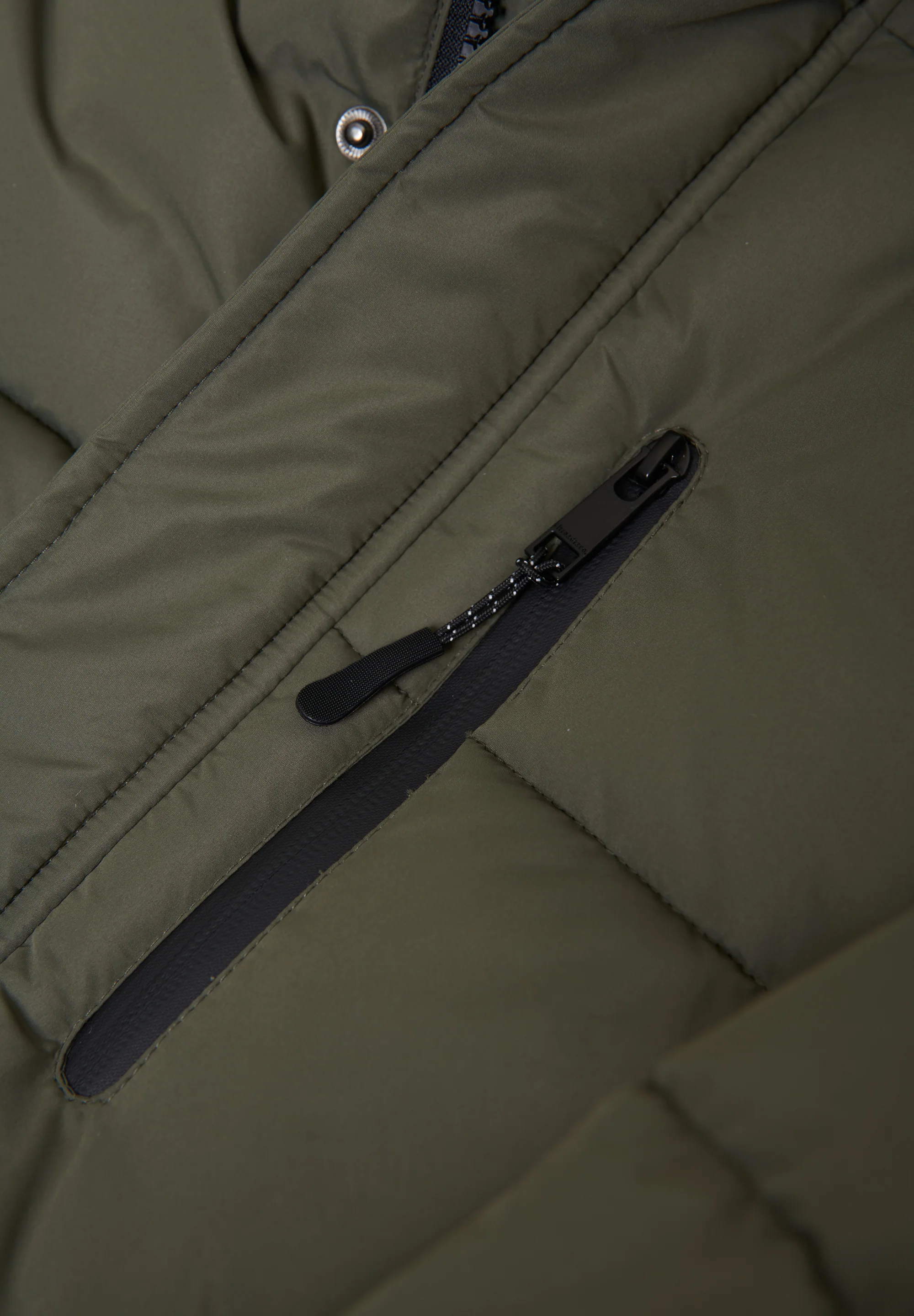 Showerproof Hooded Longline Puffer Jacket in Khaki Green - Image 7