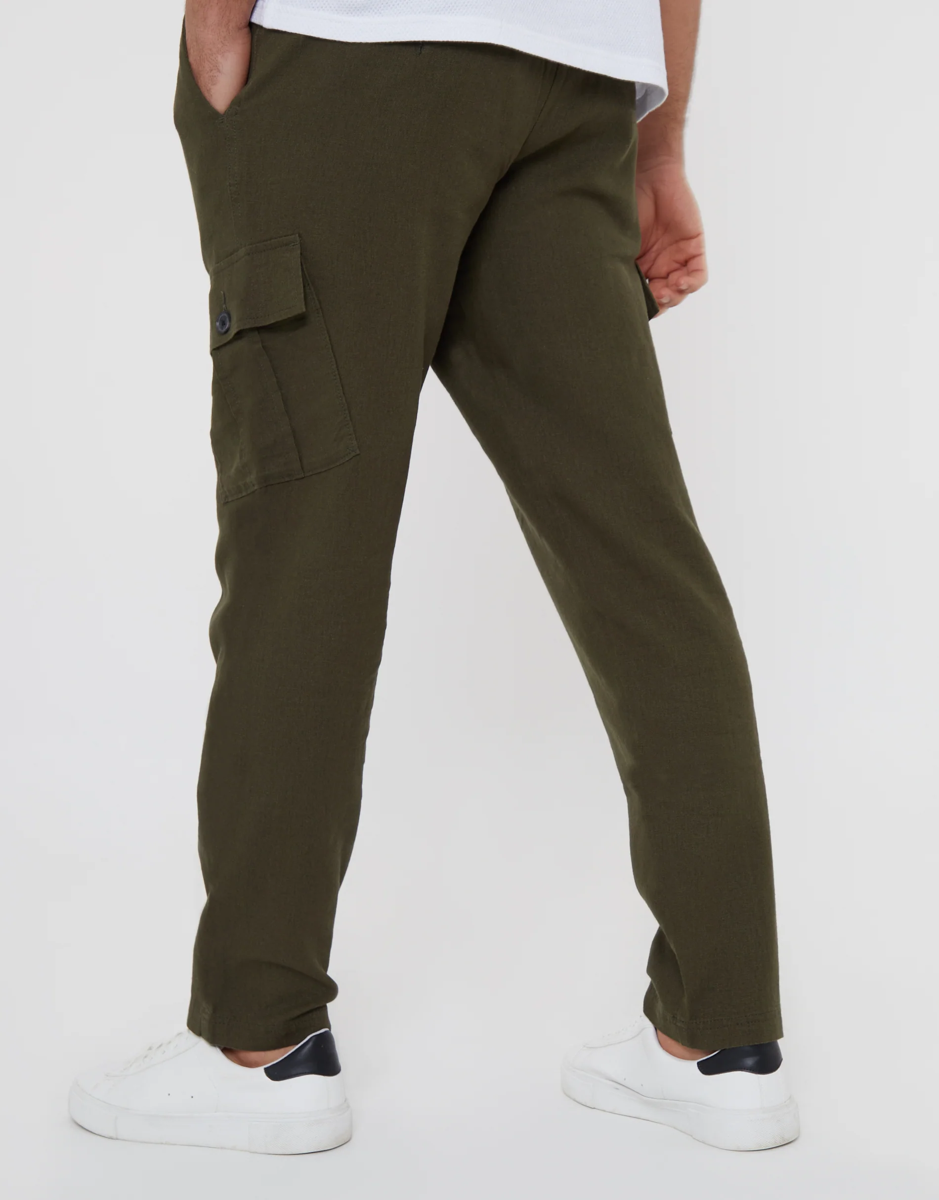 Linen Blend Cargo Trousers in Khaki Green - Image 3