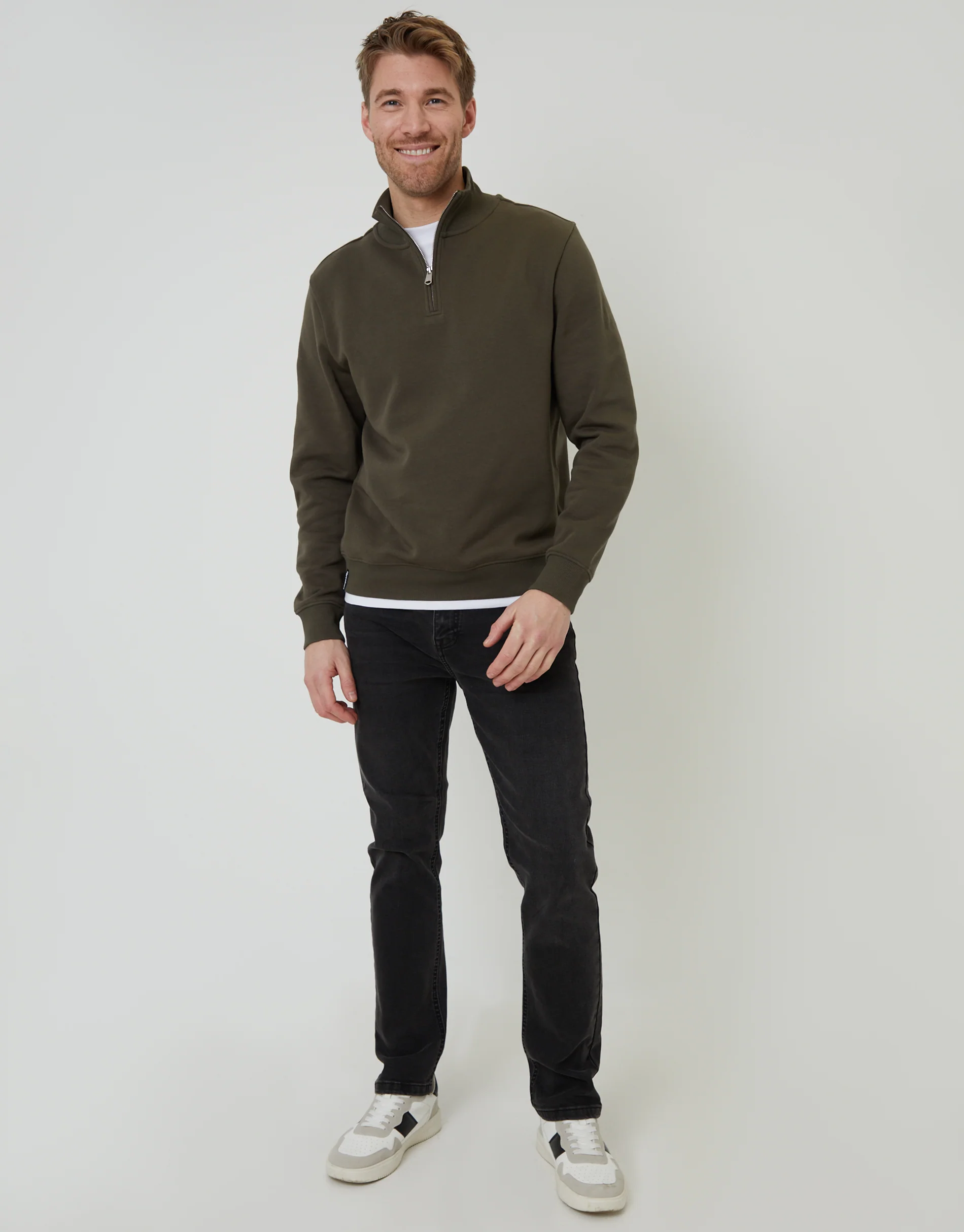 Mock T-Shirt Quarter Zip Sweatshirt in Khaki Green - Image 3