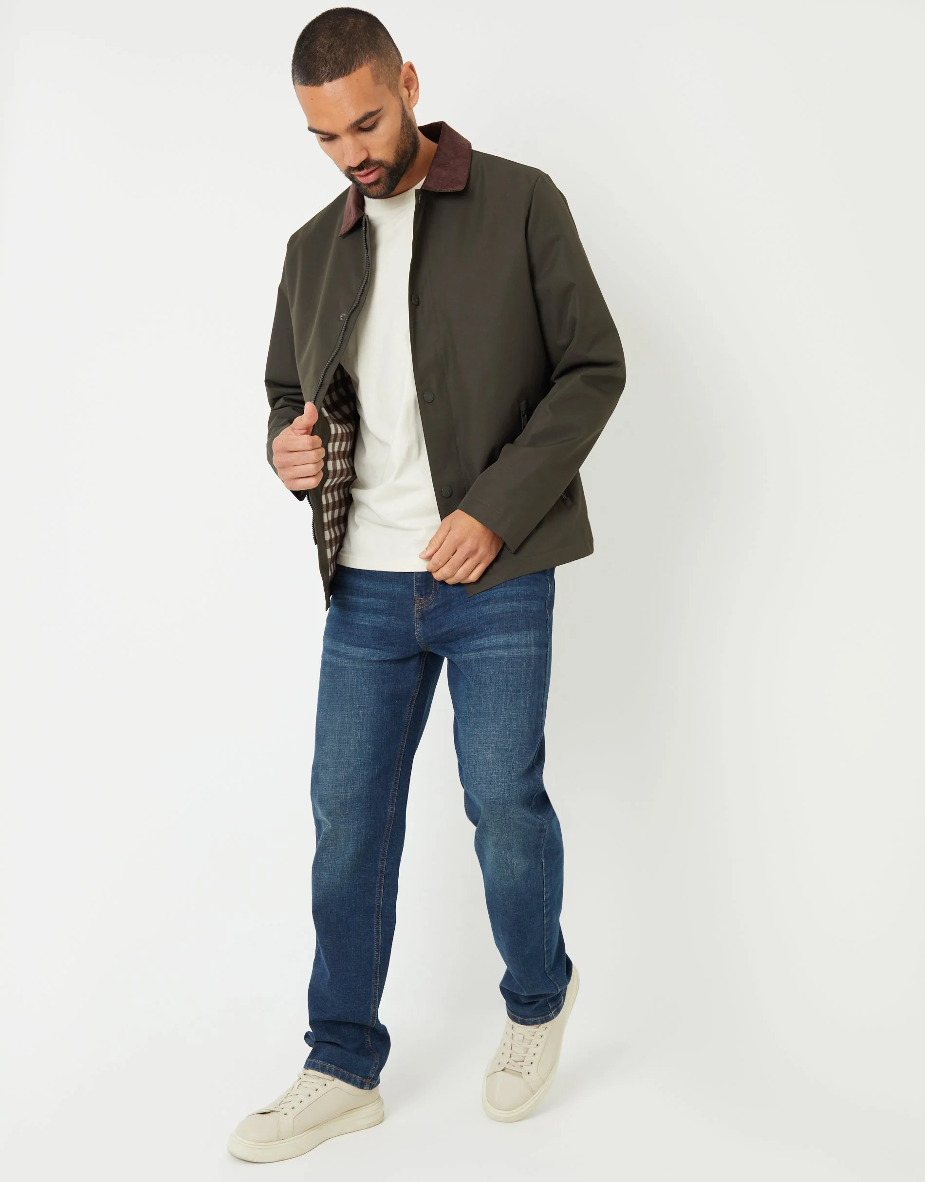 Showerproof Corduroy Collar Jacket in Khaki Green - Image 3