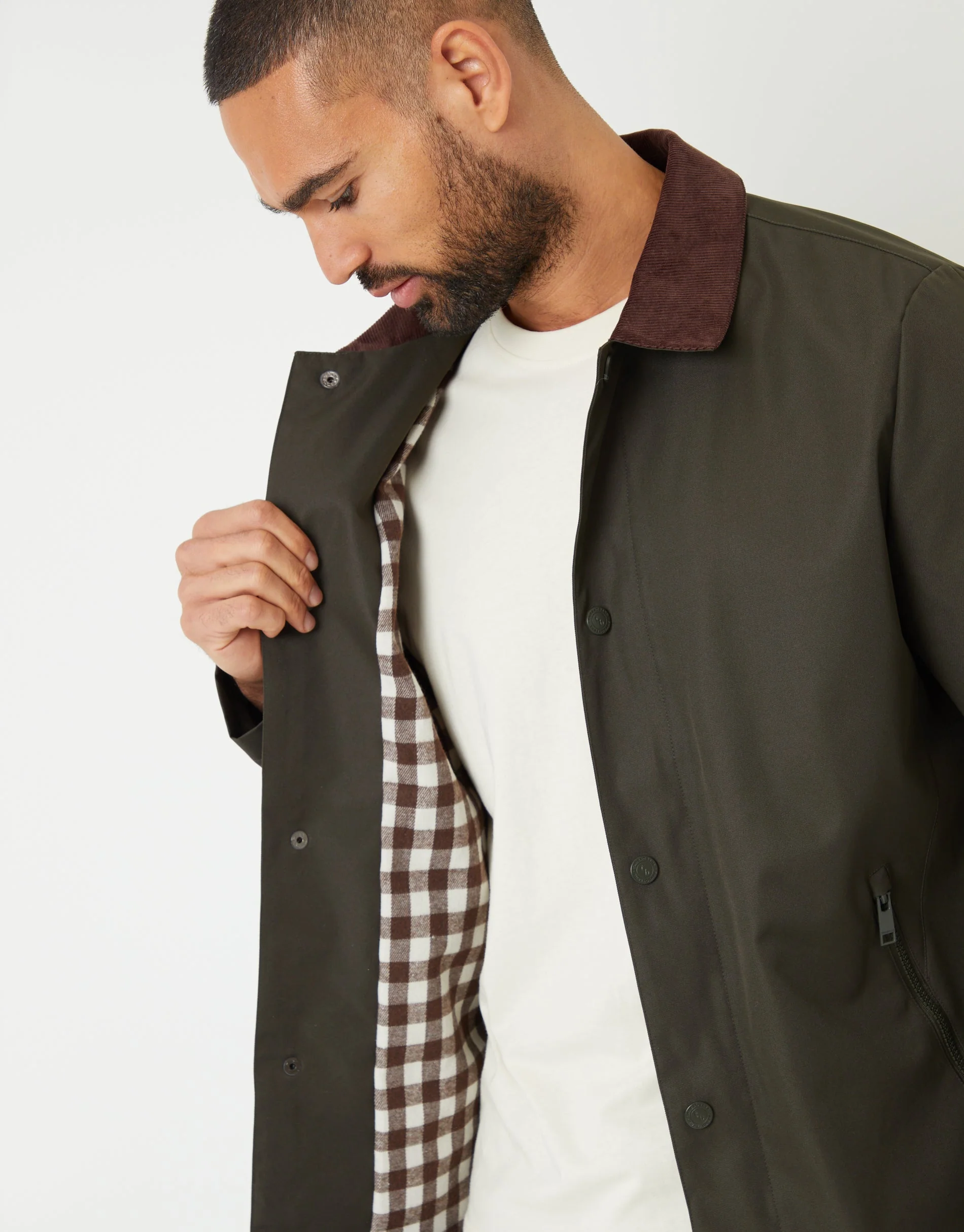 Showerproof Corduroy Collar Jacket in Khaki Green - Image 4