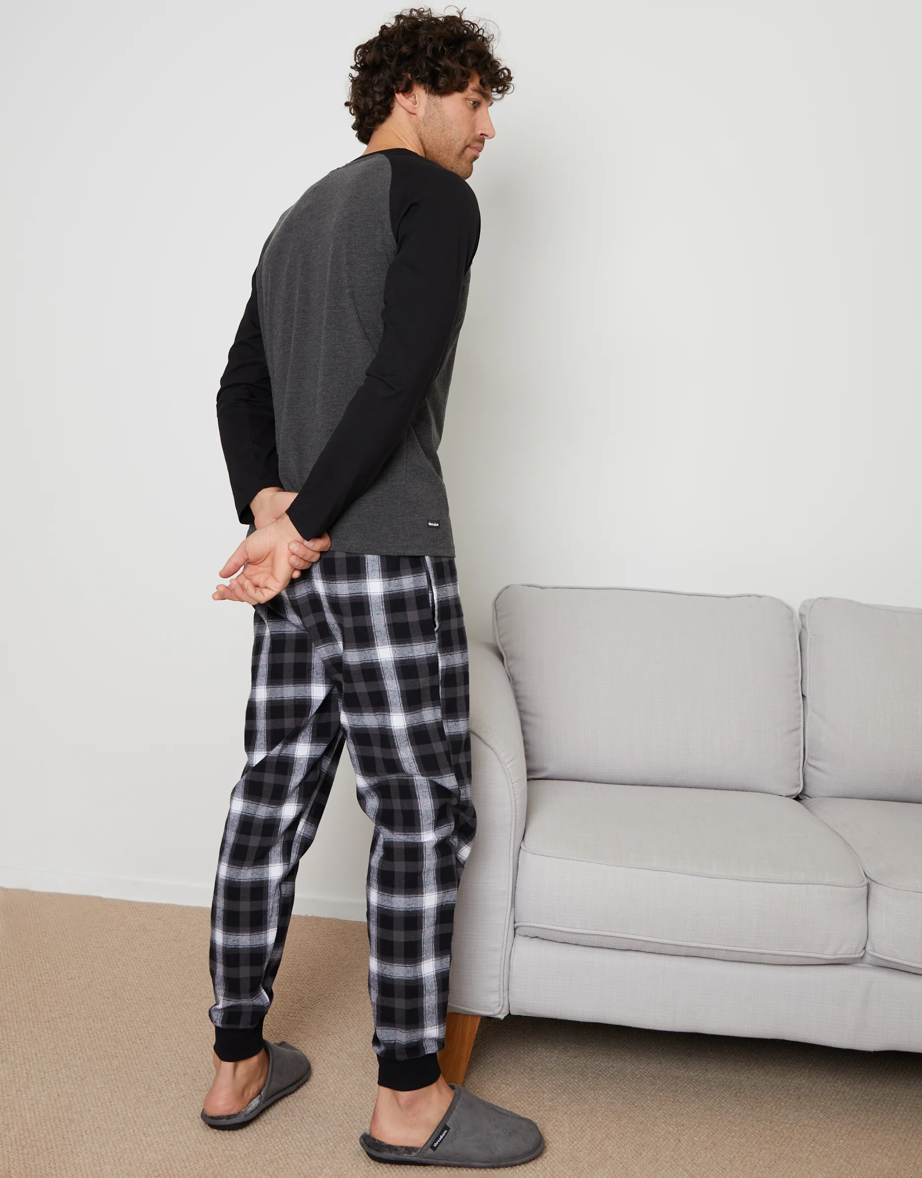 Raglan Sleeve & Pant Pyjamas Set in Grey Check - Image 2