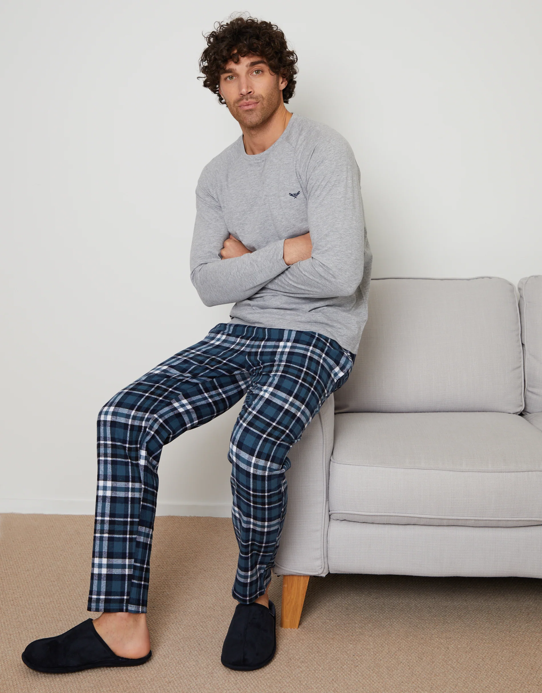 Long Pyjama Sweatshirt & Pants Set in Grey Check - Image 3