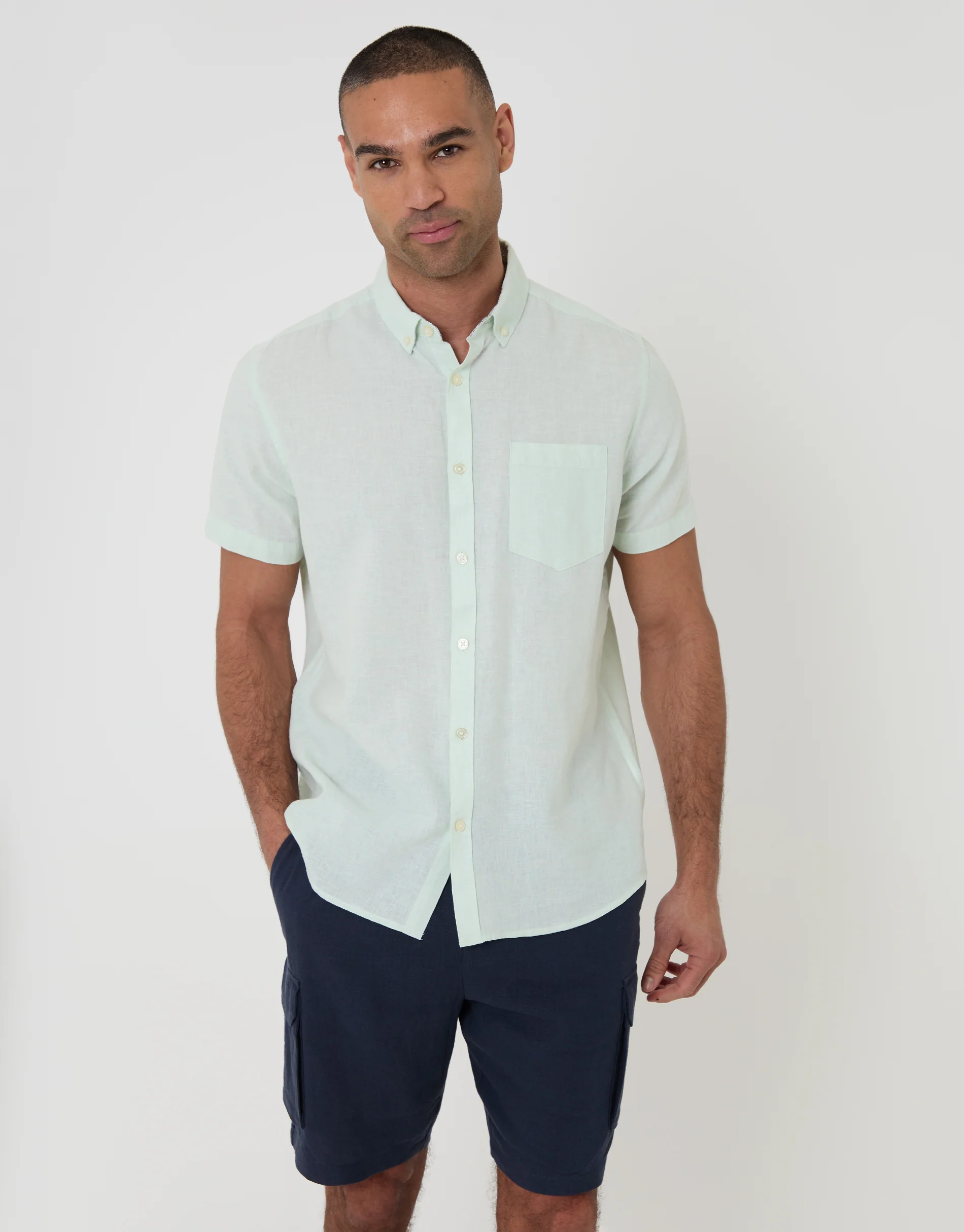 Short Sleeve Linen Blend Shirt in Mint Green