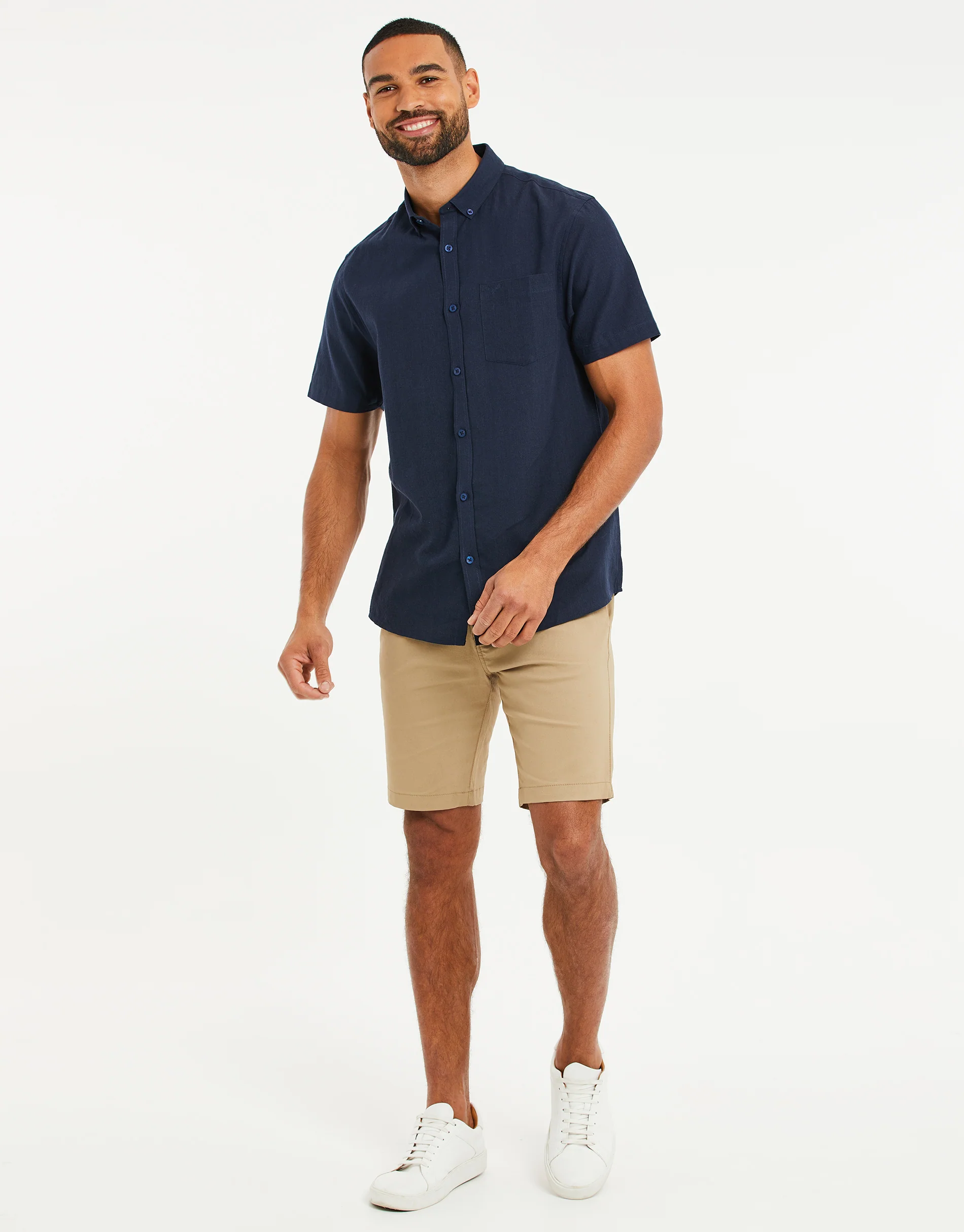 Short Sleeve Linen Blend Shirt in Navy - Image 3
