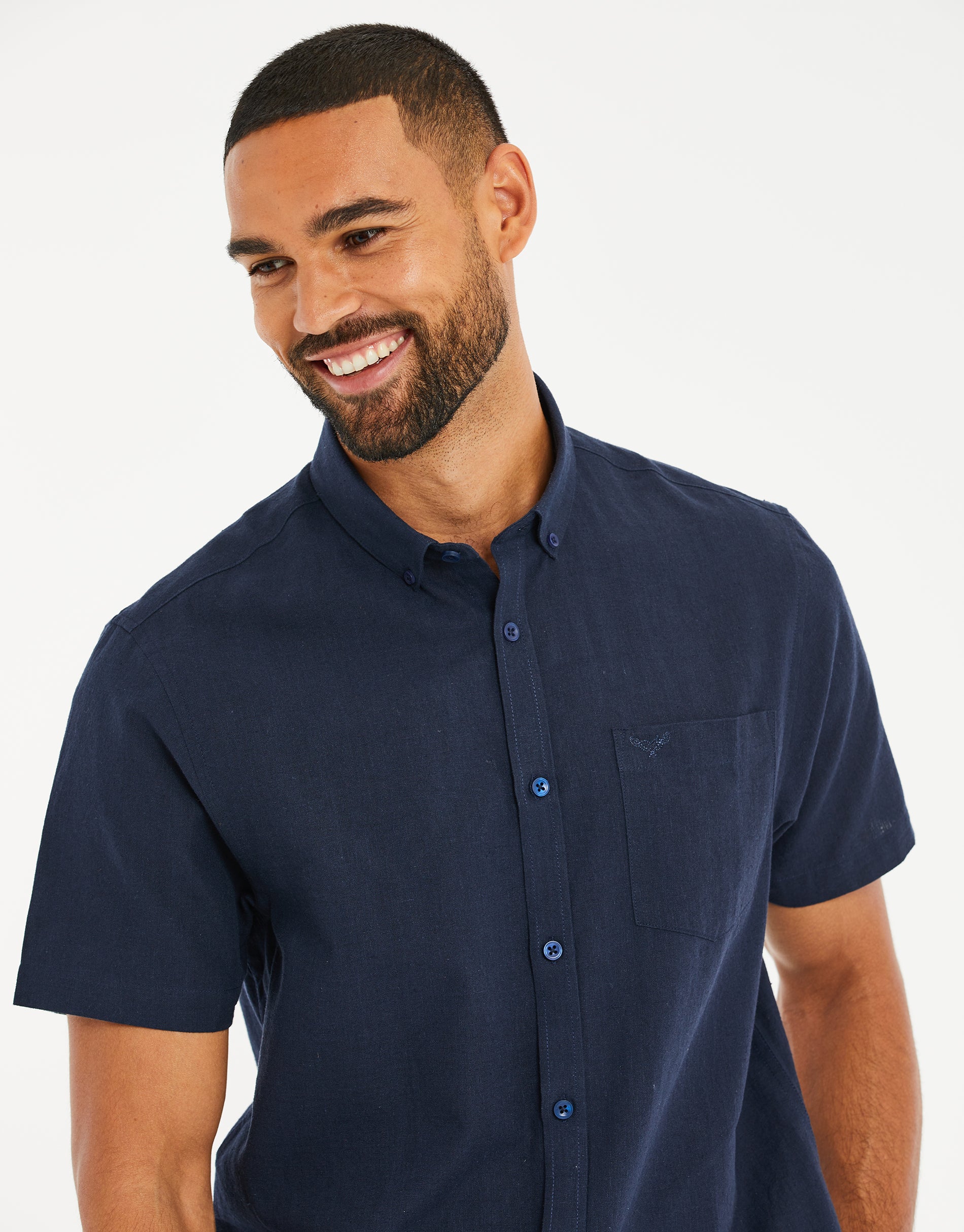 Short Sleeve Linen Blend Shirt in Navy - Image 4