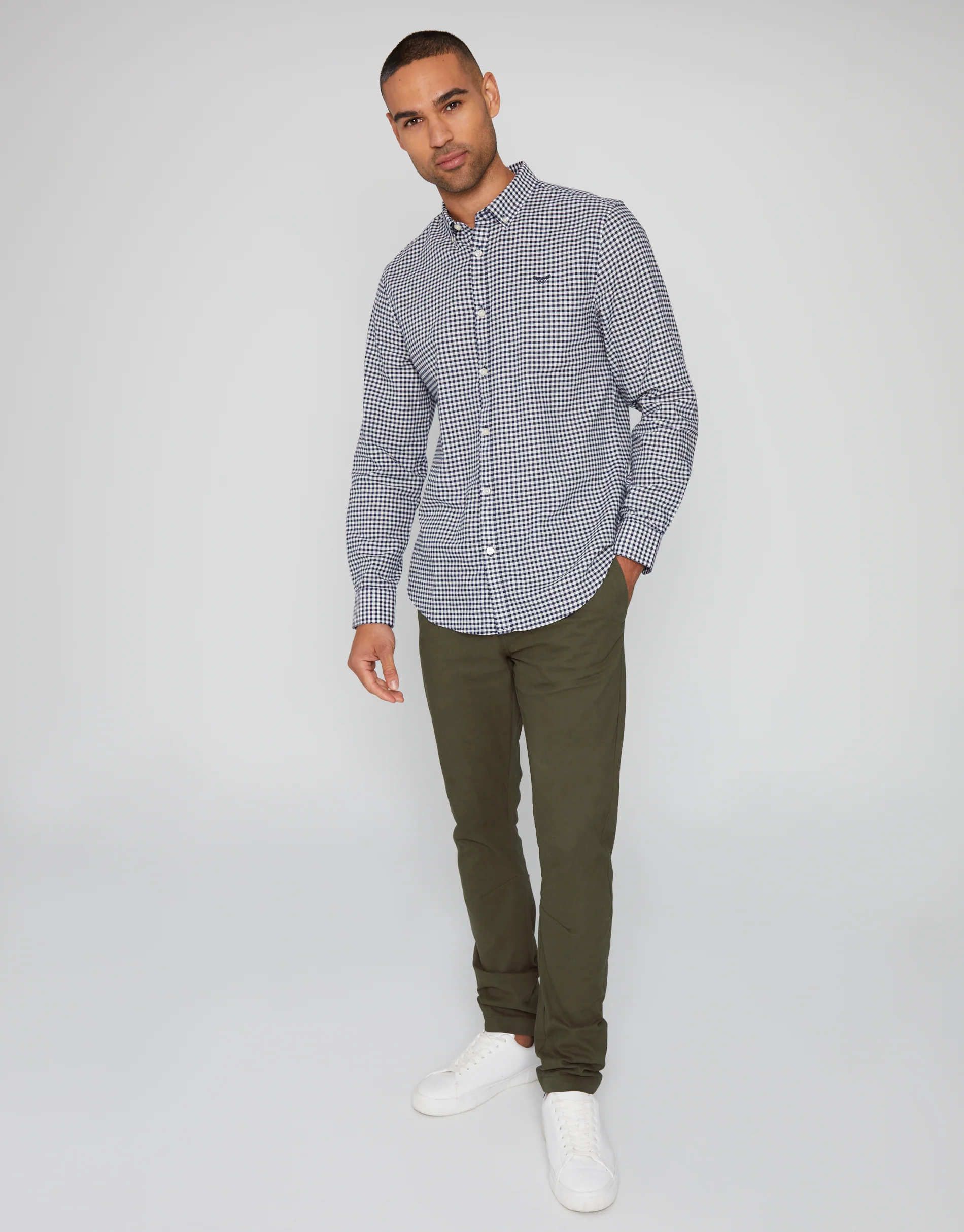 Cotton Long Sleeve Shirt in Navy Check - Image 3