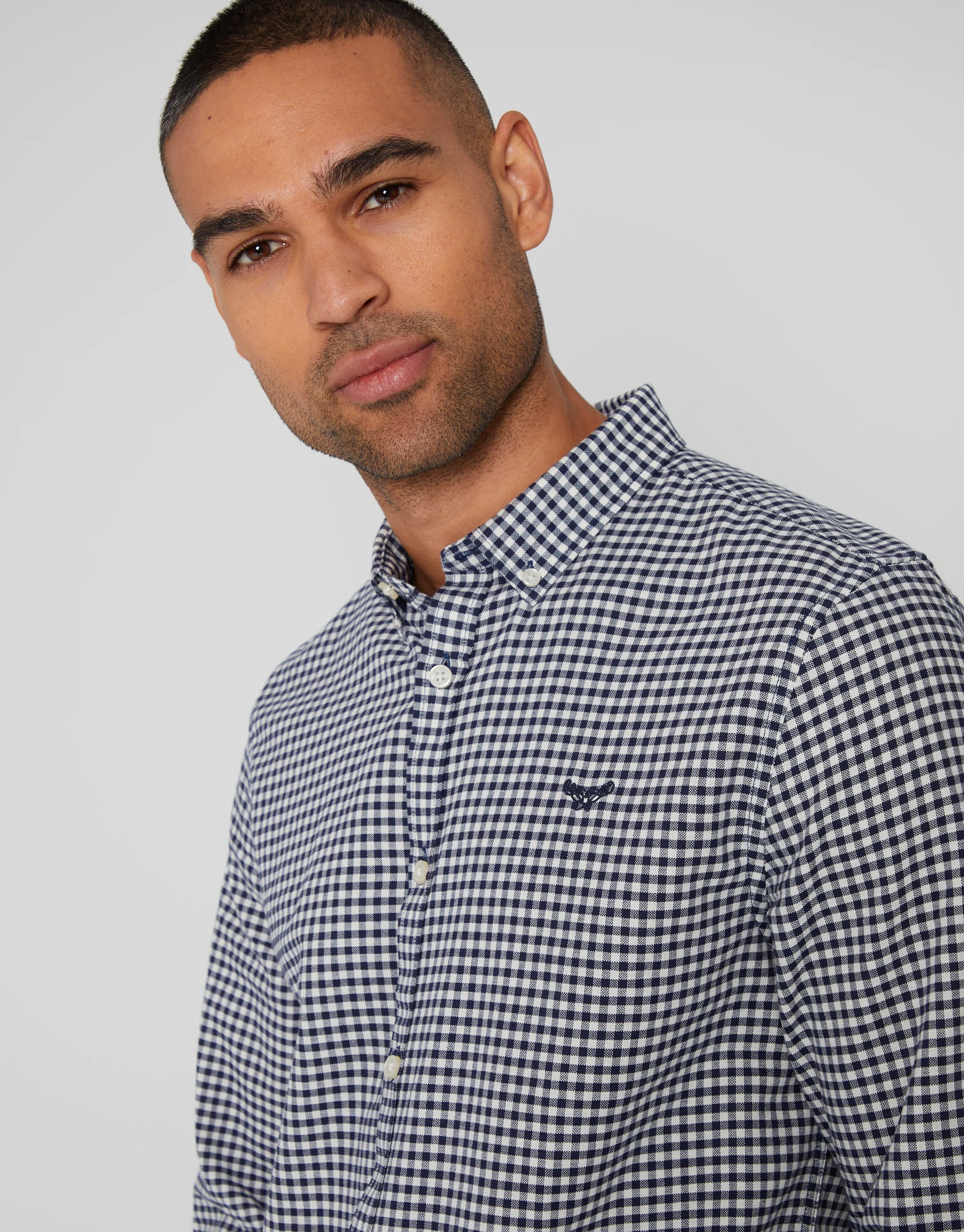 Cotton Long Sleeve Shirt in Navy Check - Image 4