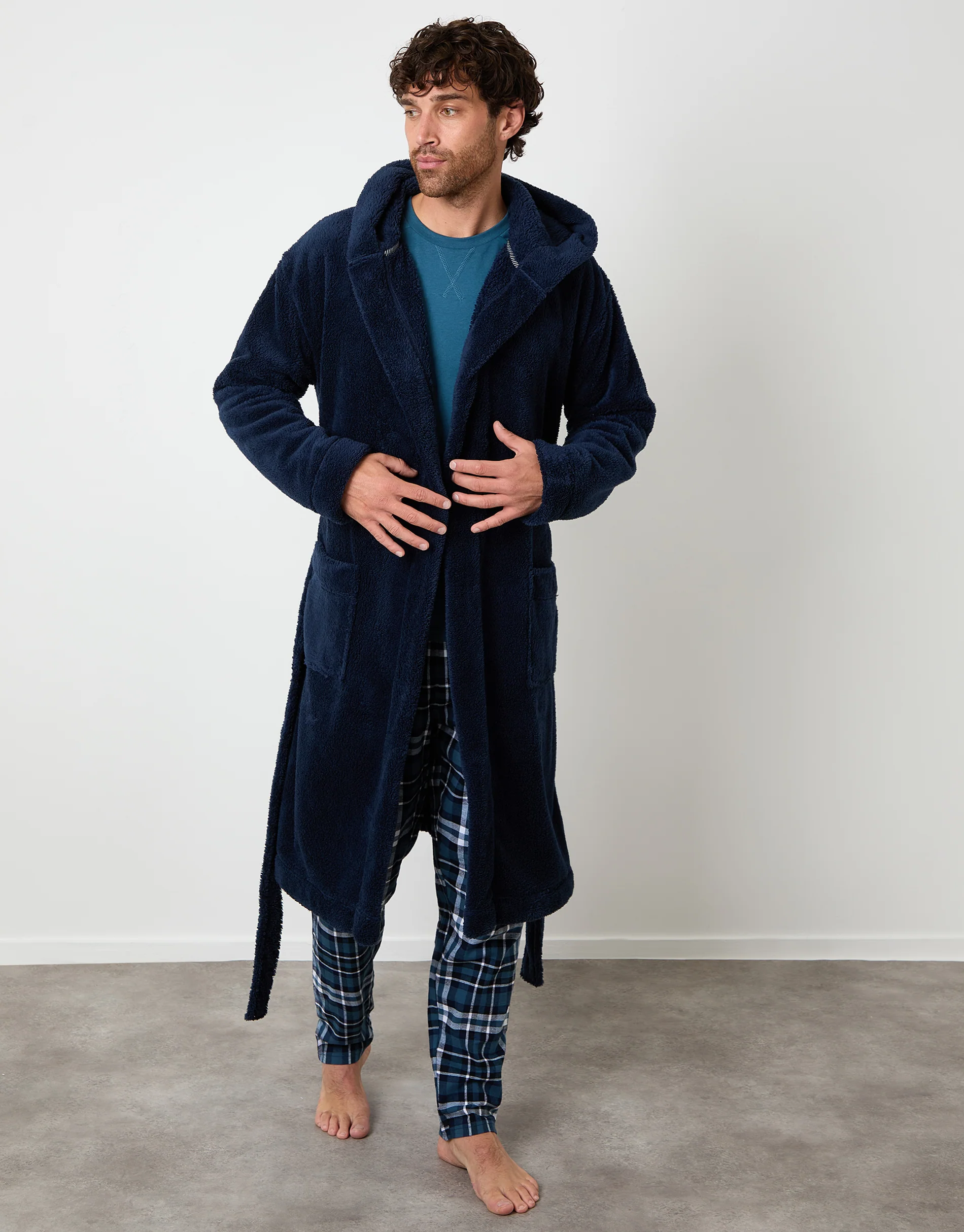 Borg Hooded Dressing Gown in Navy