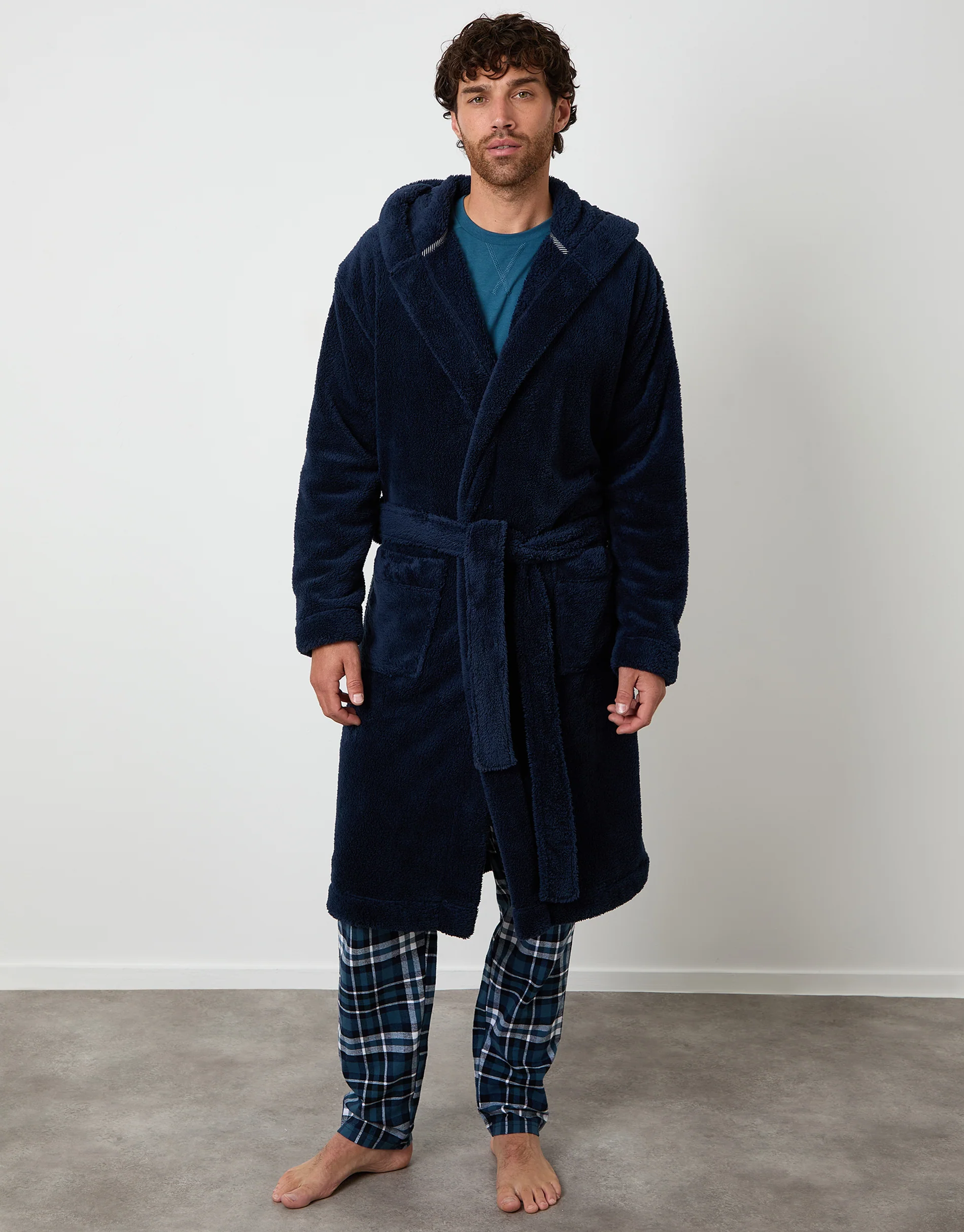 Borg Hooded Dressing Gown in Navy - Image 3