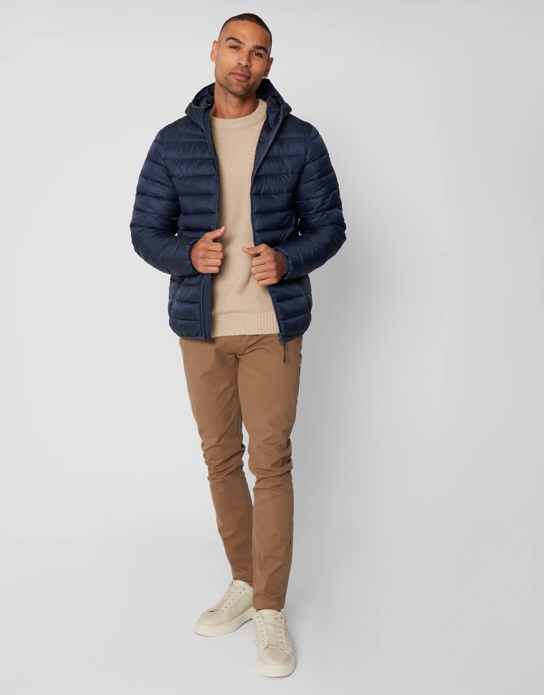Matte Finish Padded Hooded Jacket in Navy - Image 3