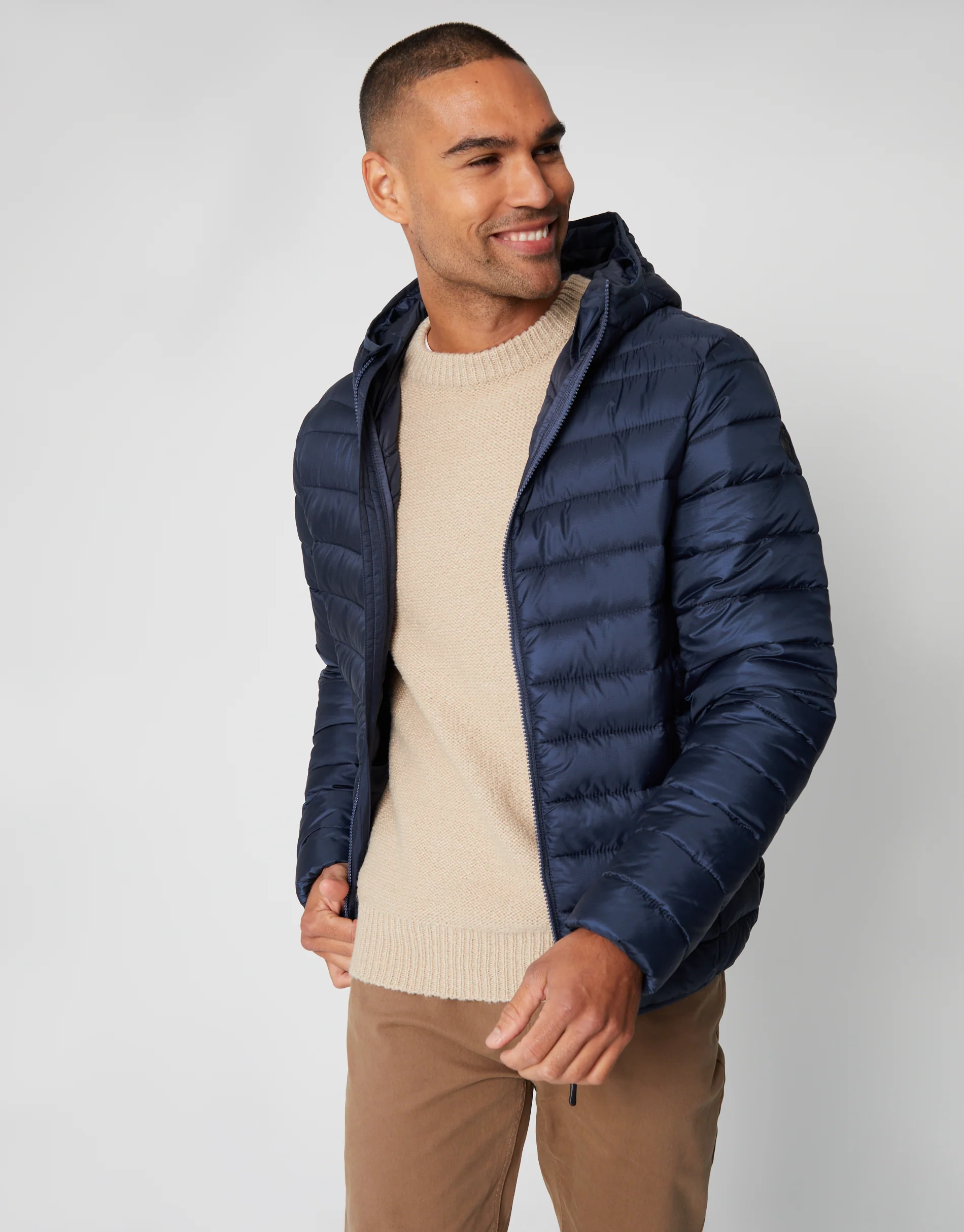 Matte Finish Padded Hooded Jacket in Navy - Image 4