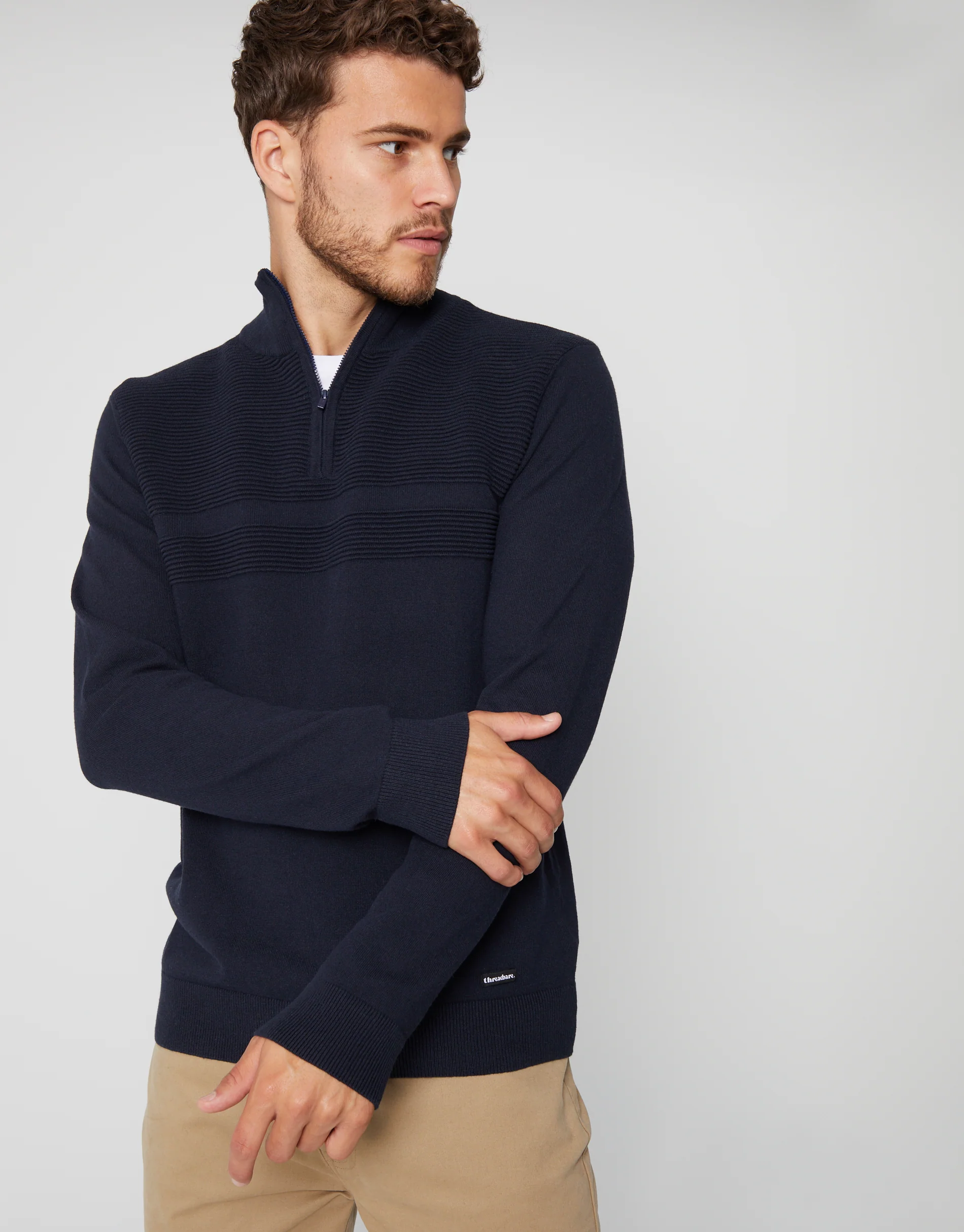 Rib Detail Knitted Quarter Zip Jumper in Navy