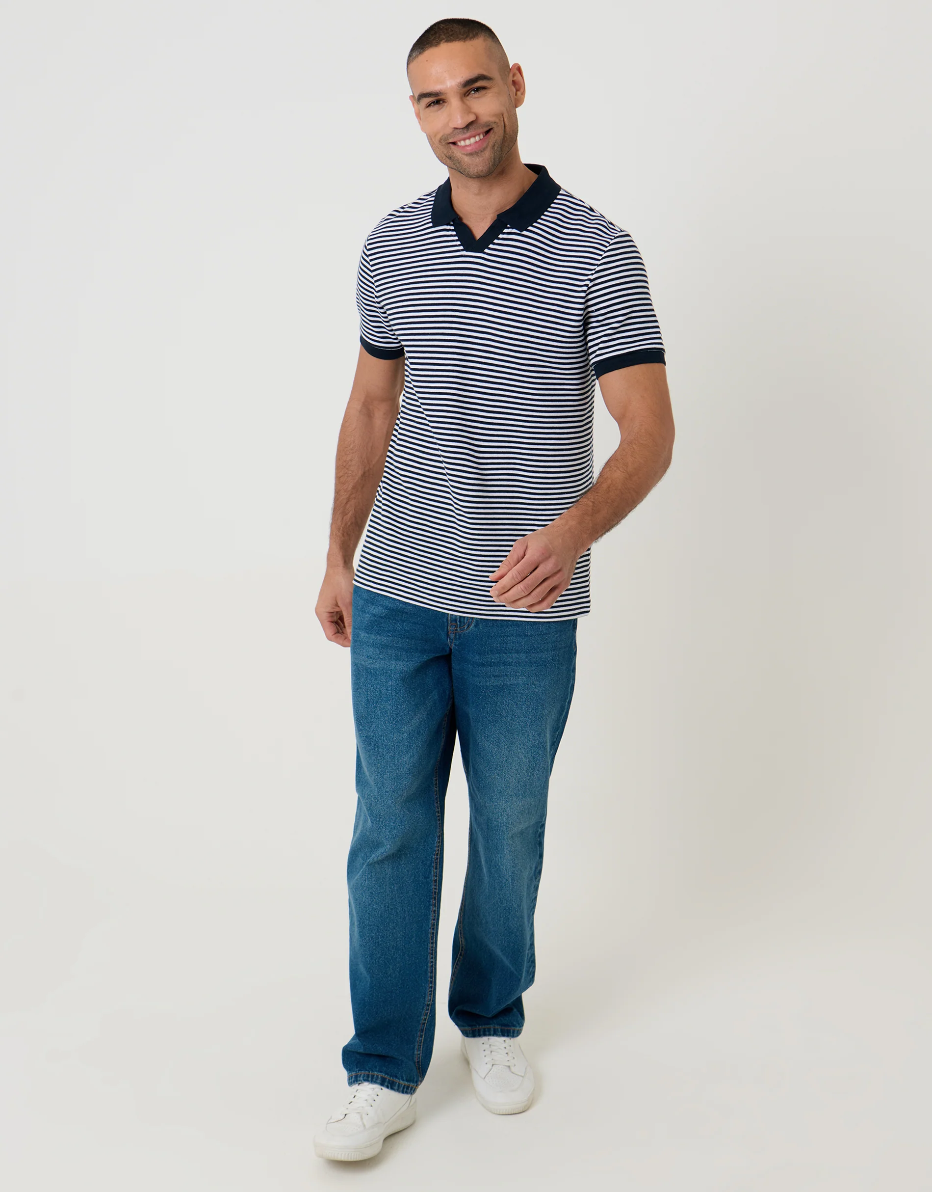 Open Neck Collar Polo Shirt in Navy & White Stripe - Image 3