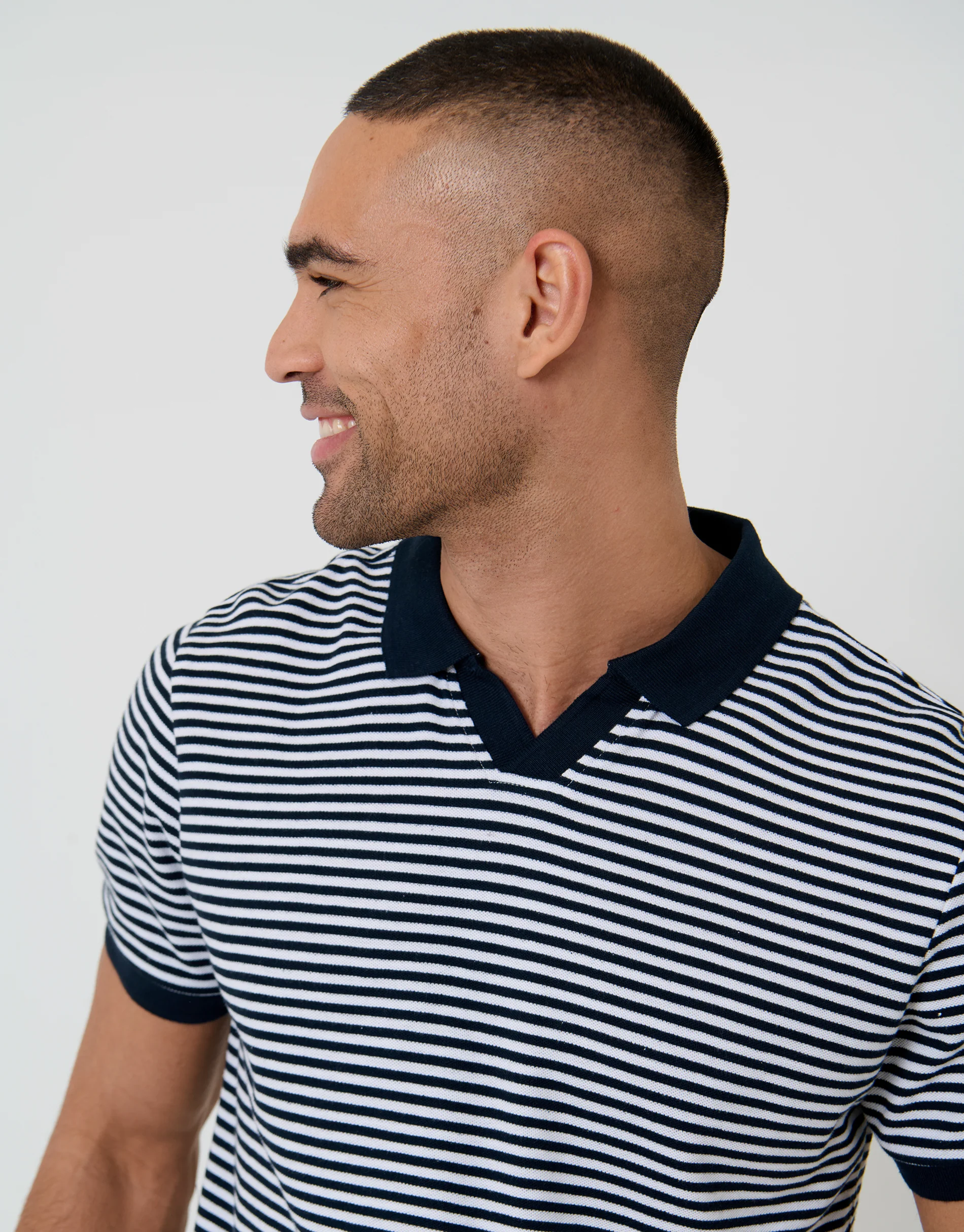 Open Neck Collar Polo Shirt in Navy & White Stripe - Image 4