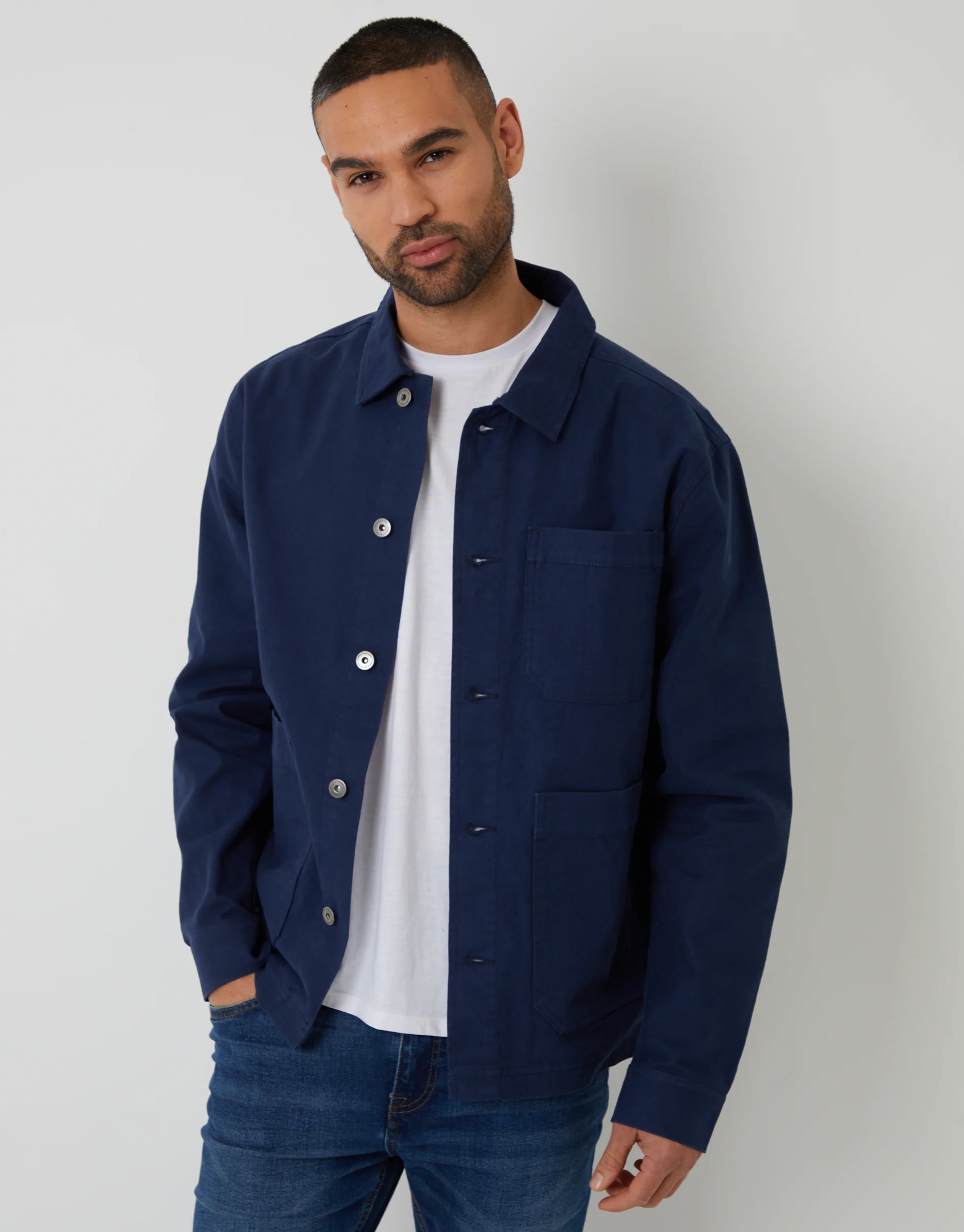 Button Up Lightweight Collared Utility Jacket in Navy - Image 5