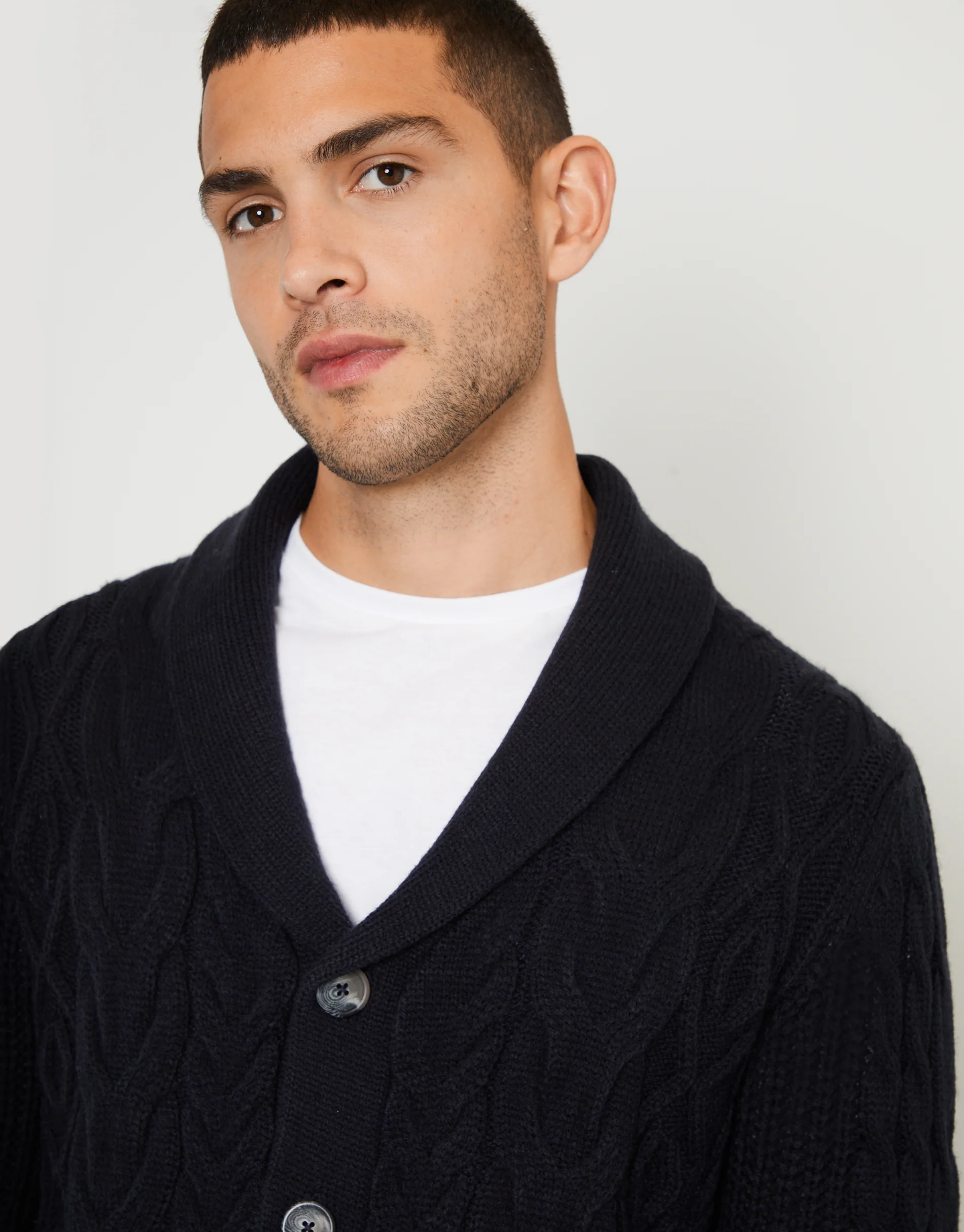 Cable Knit Shawl Cardigan in Navy - Image 4