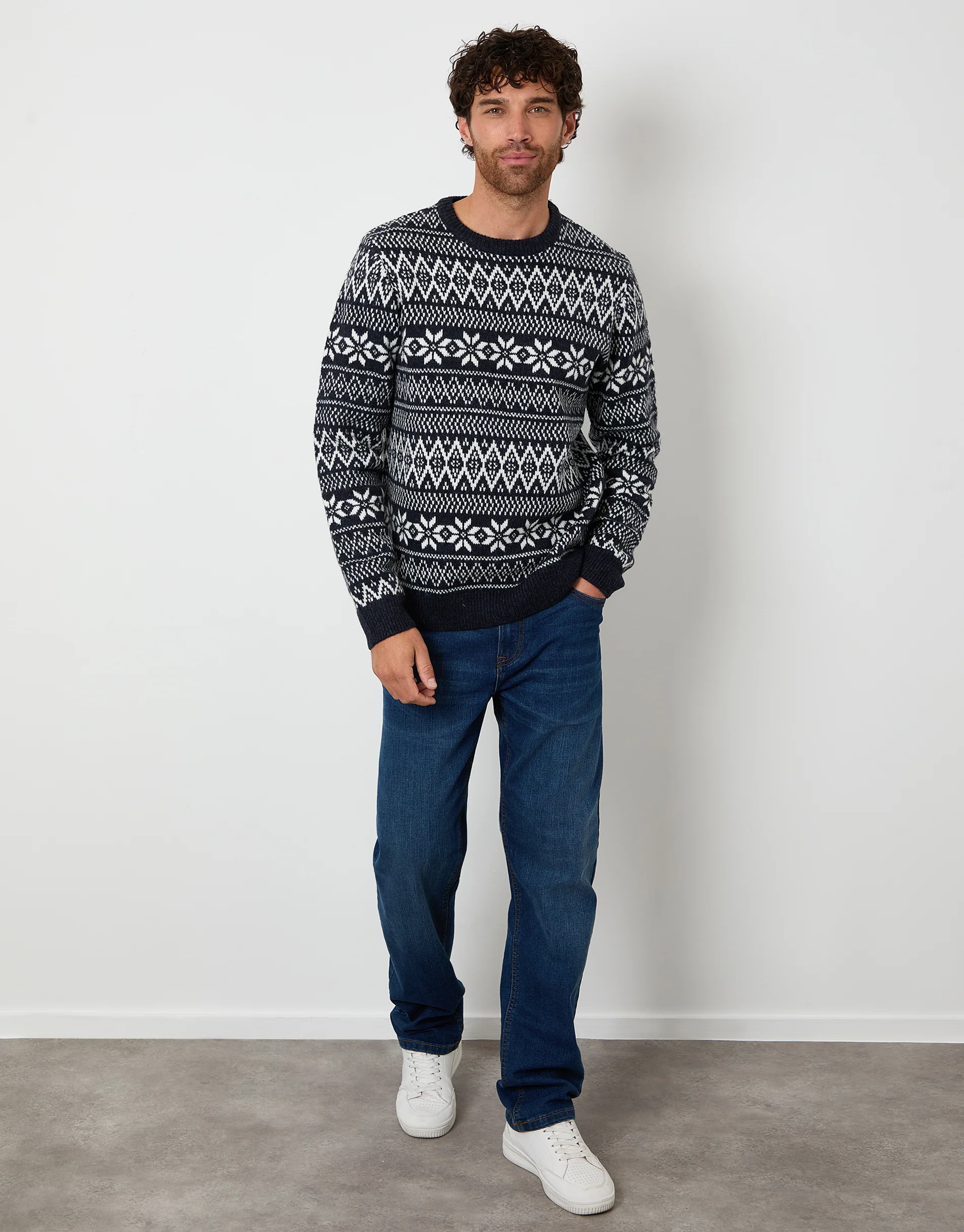 Christmas Fairisle Crew Neck Jumper in Navy - Image 3