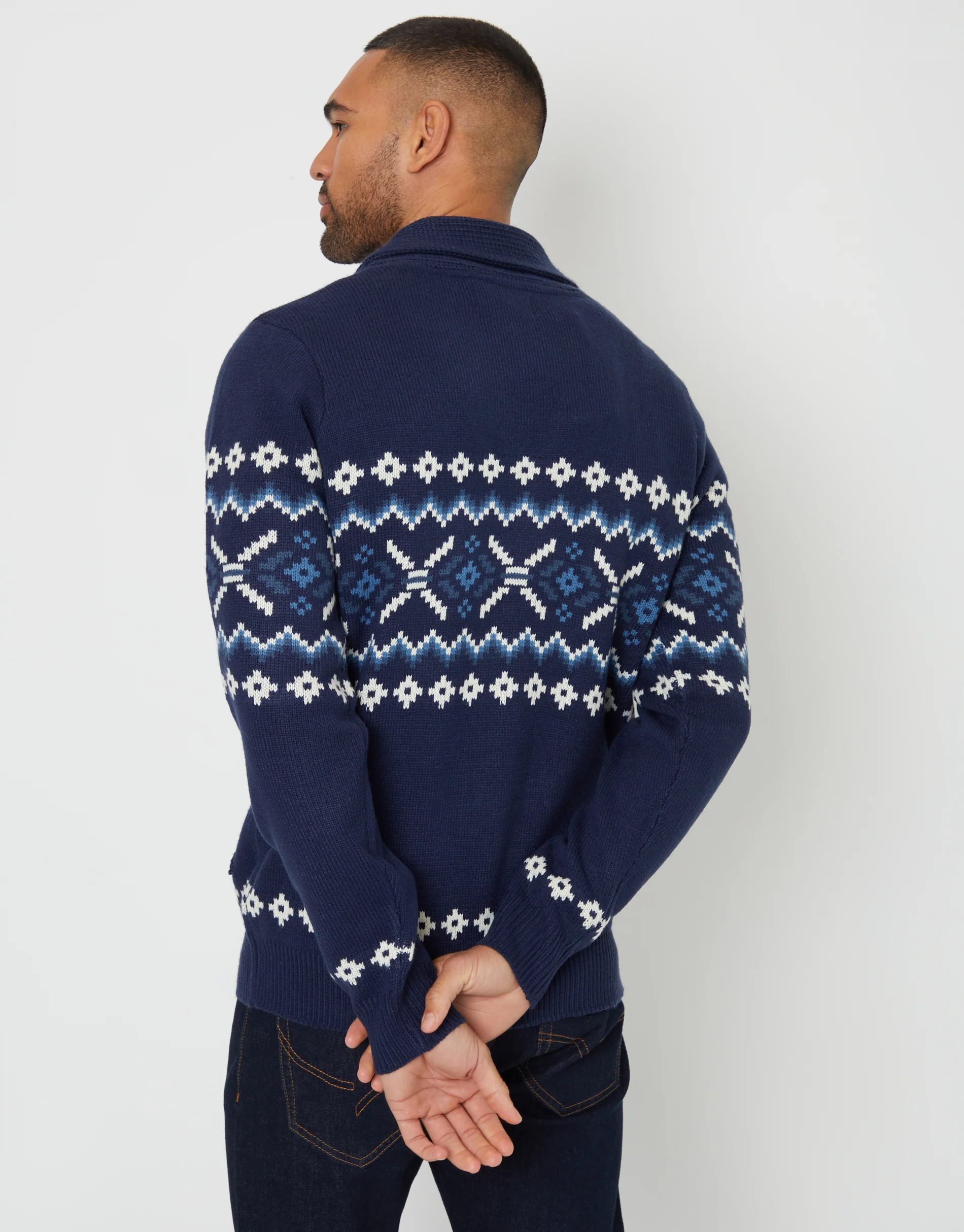 Fairisle Shawl Neck Knitted Cardigan in Navy - Image 2