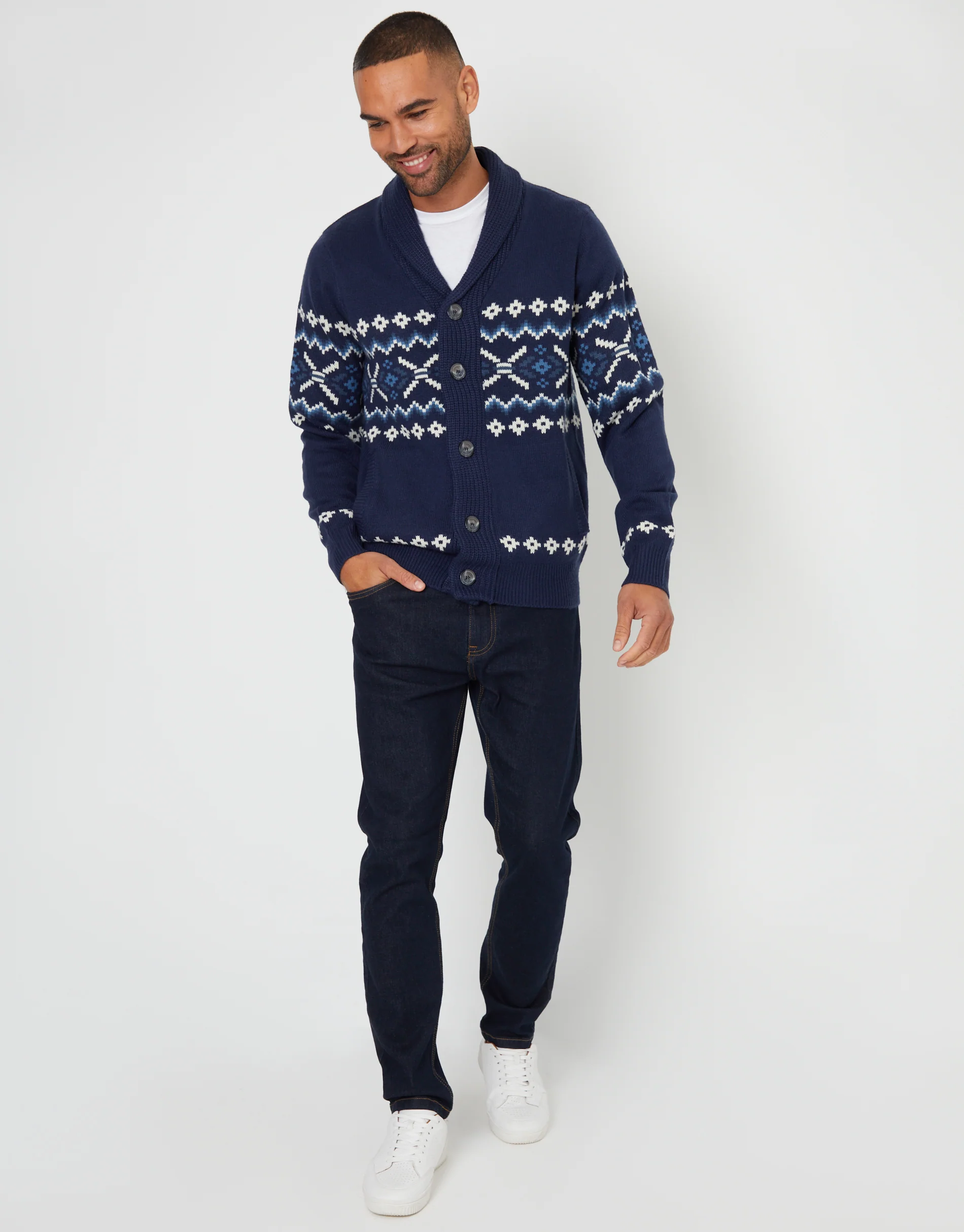 Fairisle Shawl Neck Knitted Cardigan in Navy - Image 3