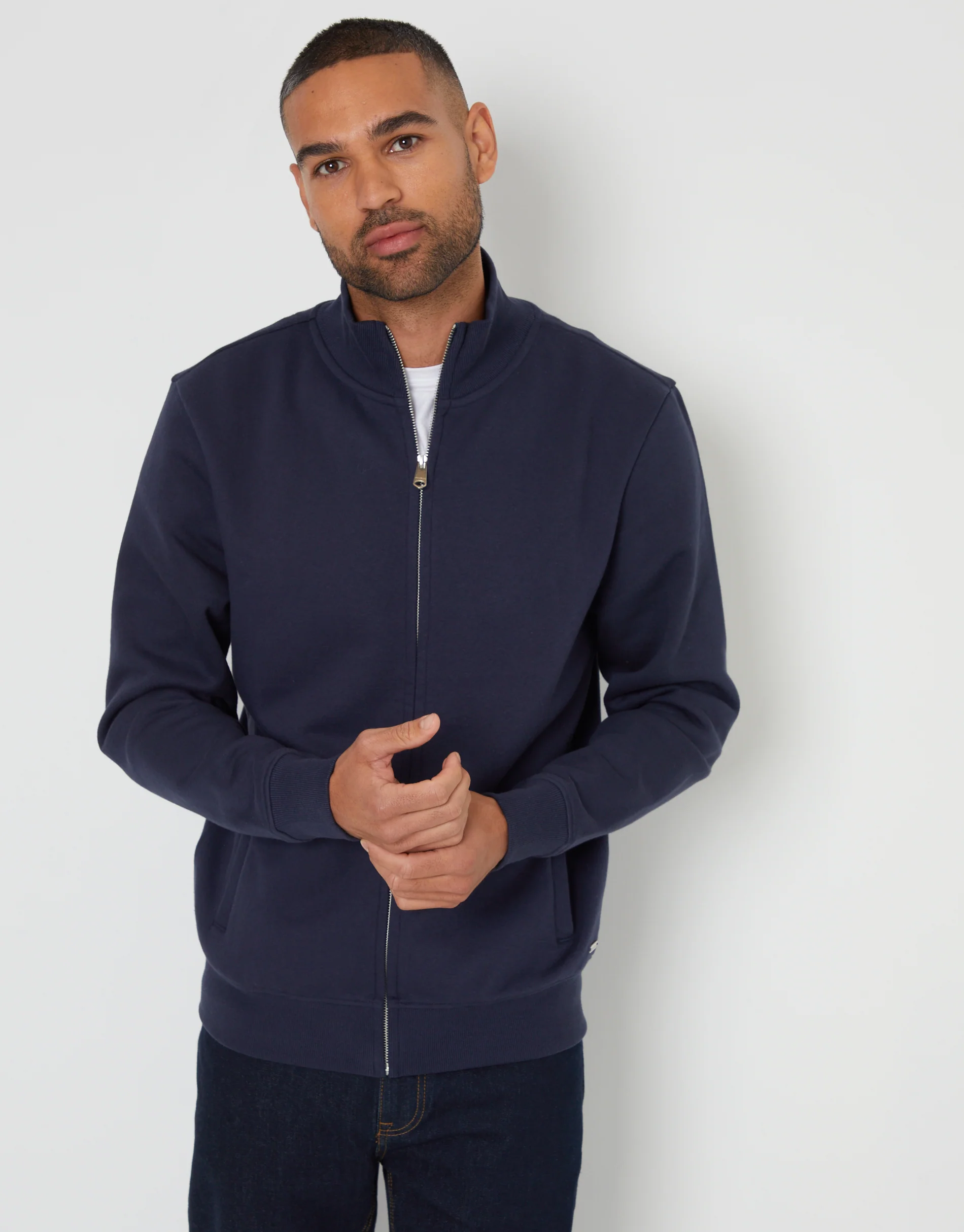 Funnel Neck Zip Through Sweatshirt in Navy