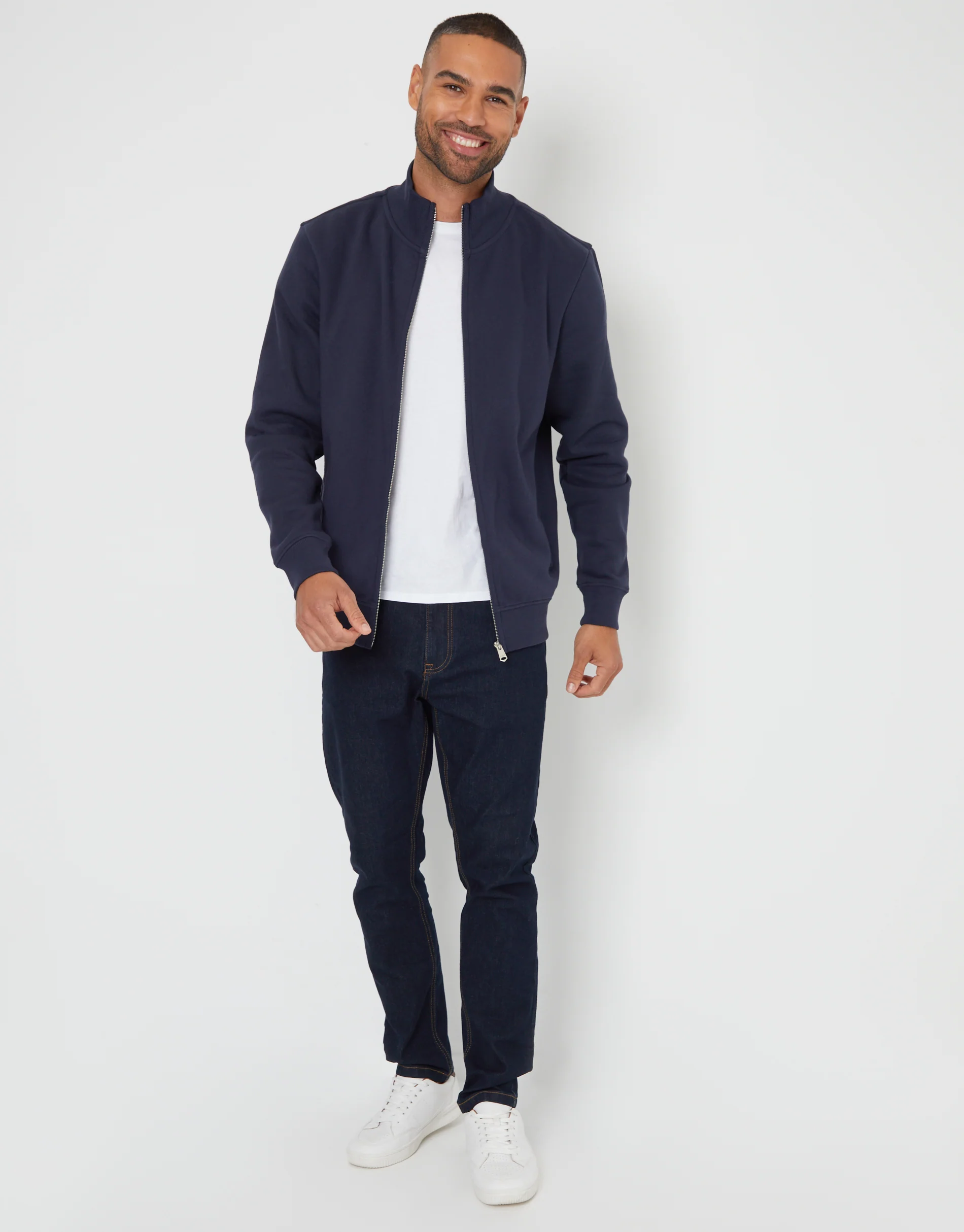 Funnel Neck Zip Through Sweatshirt in Navy - Image 3