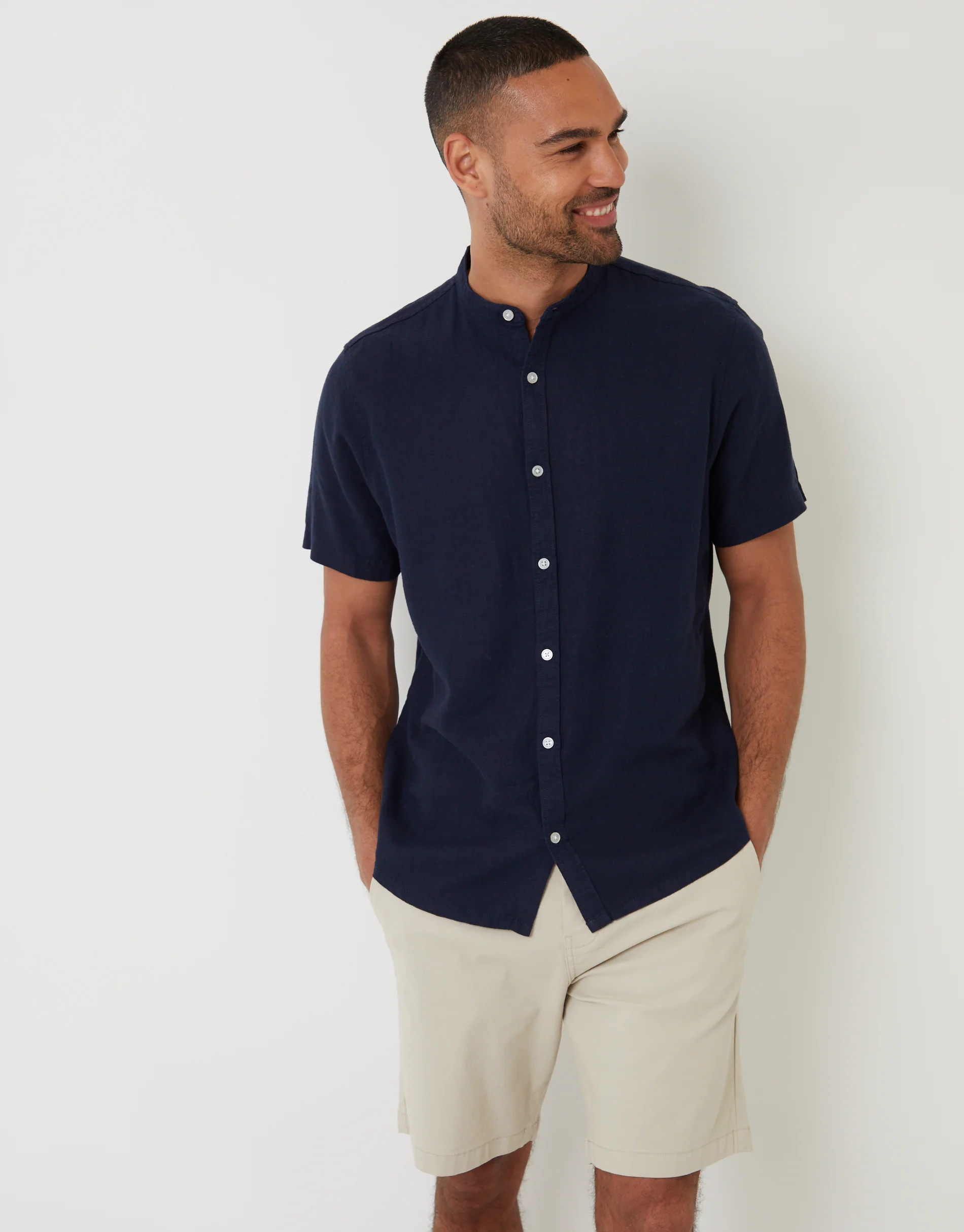 Grandad Collar Linen Blend Short Sleeve Shirt in Navy