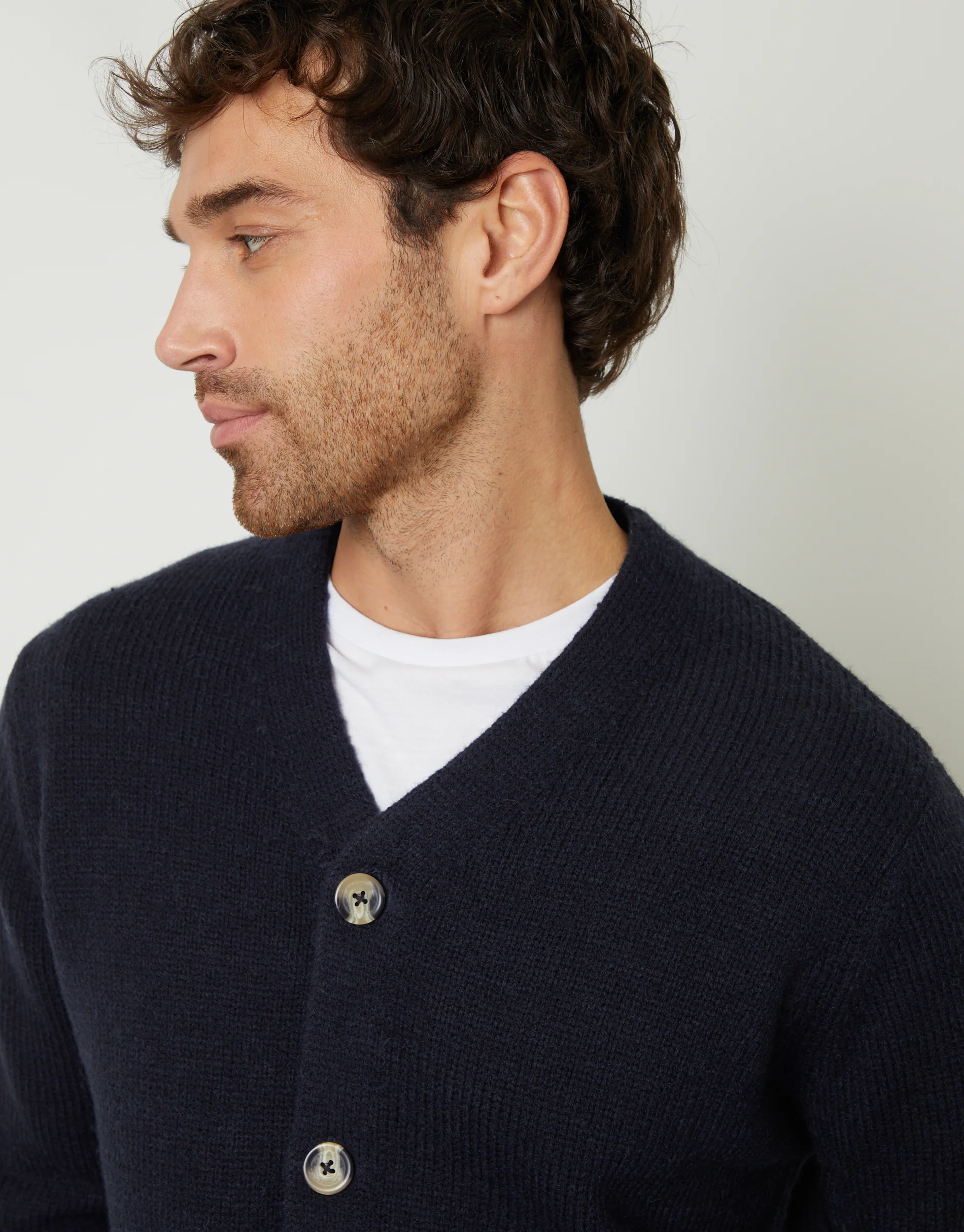 Knitted V-Neck Cardigan in Navy - Image 4