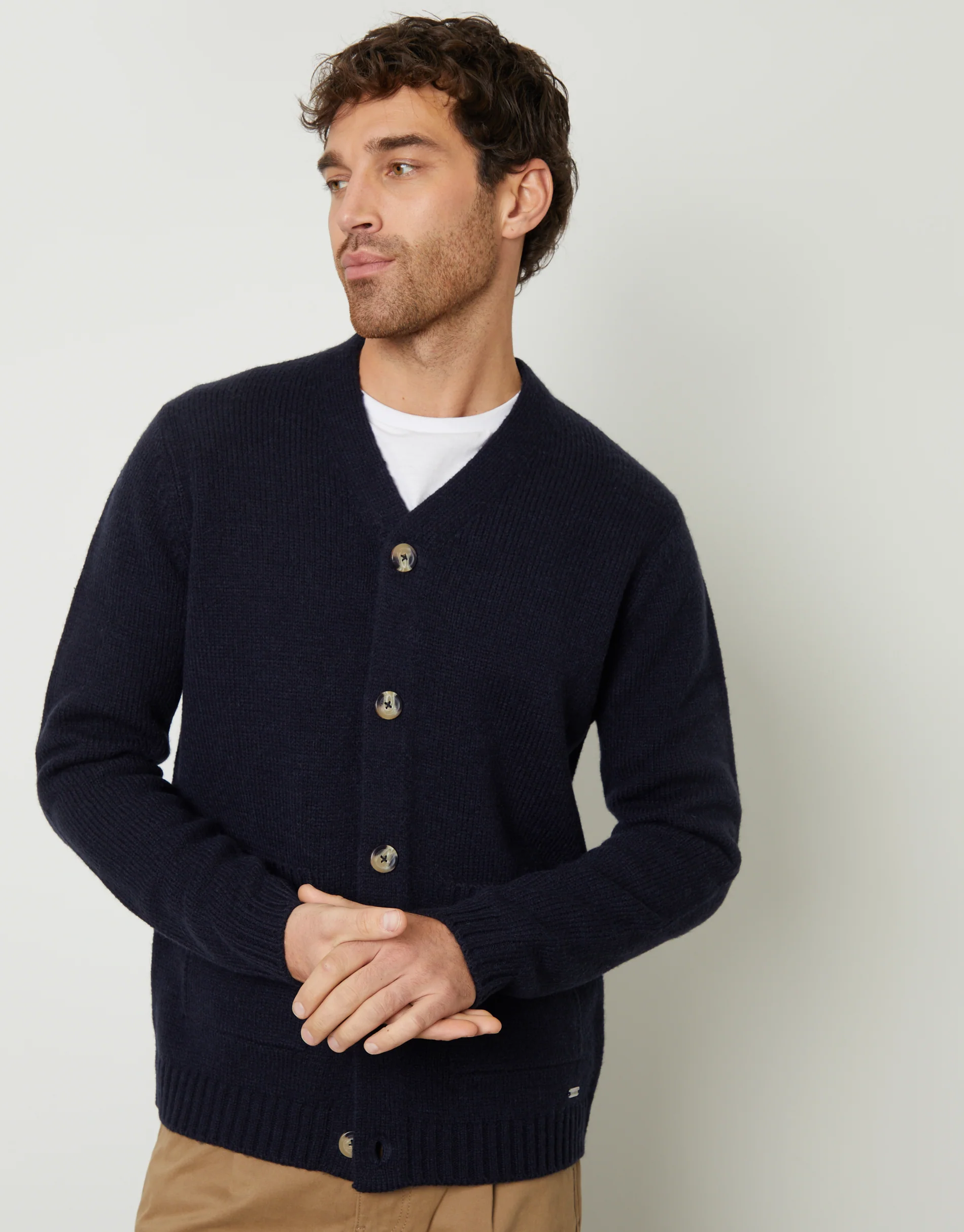 Knitted V-Neck Cardigan in Navy - Image 5