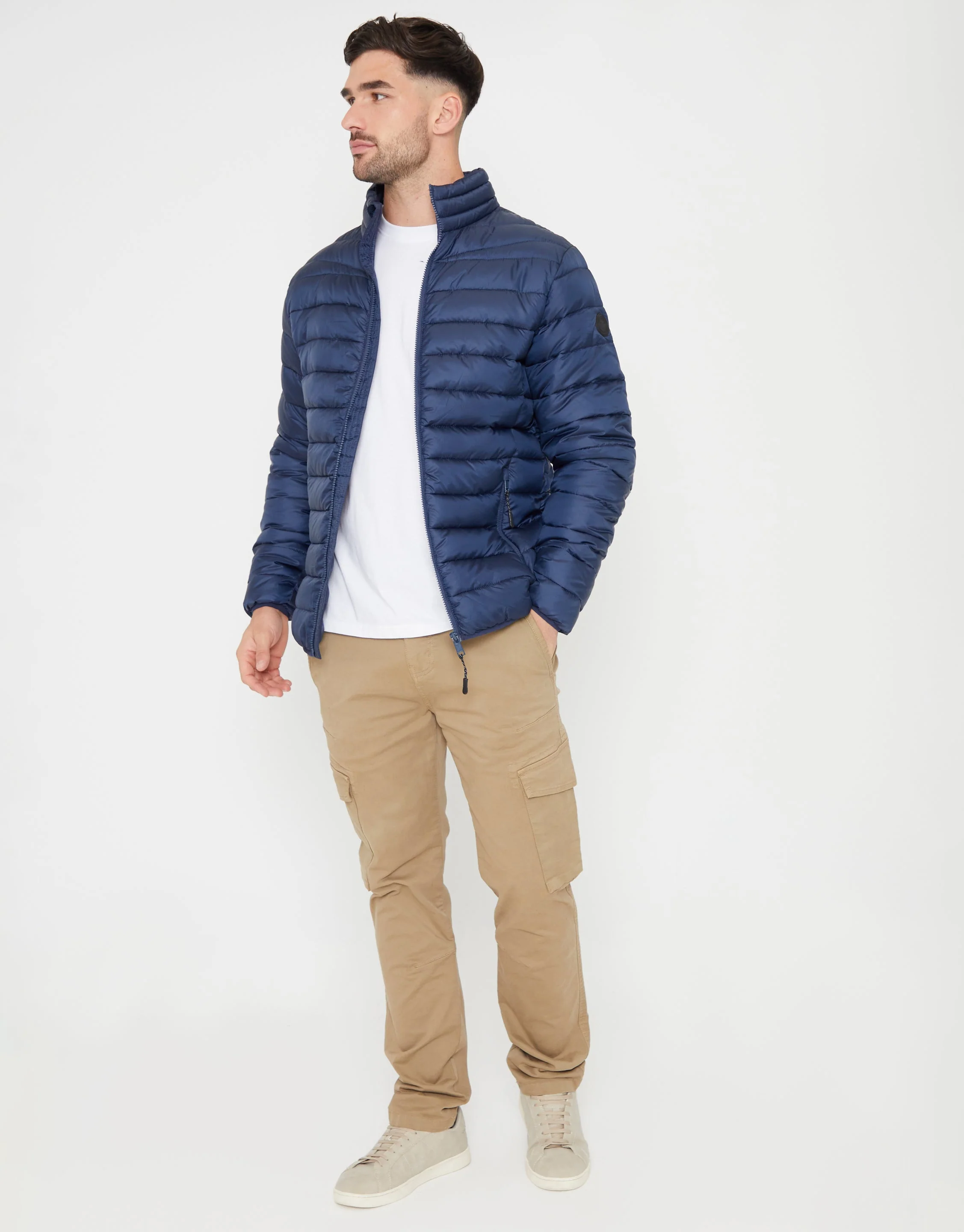 Matte Finish Padded Funnel Neck Jacket in Navy - Image 3
