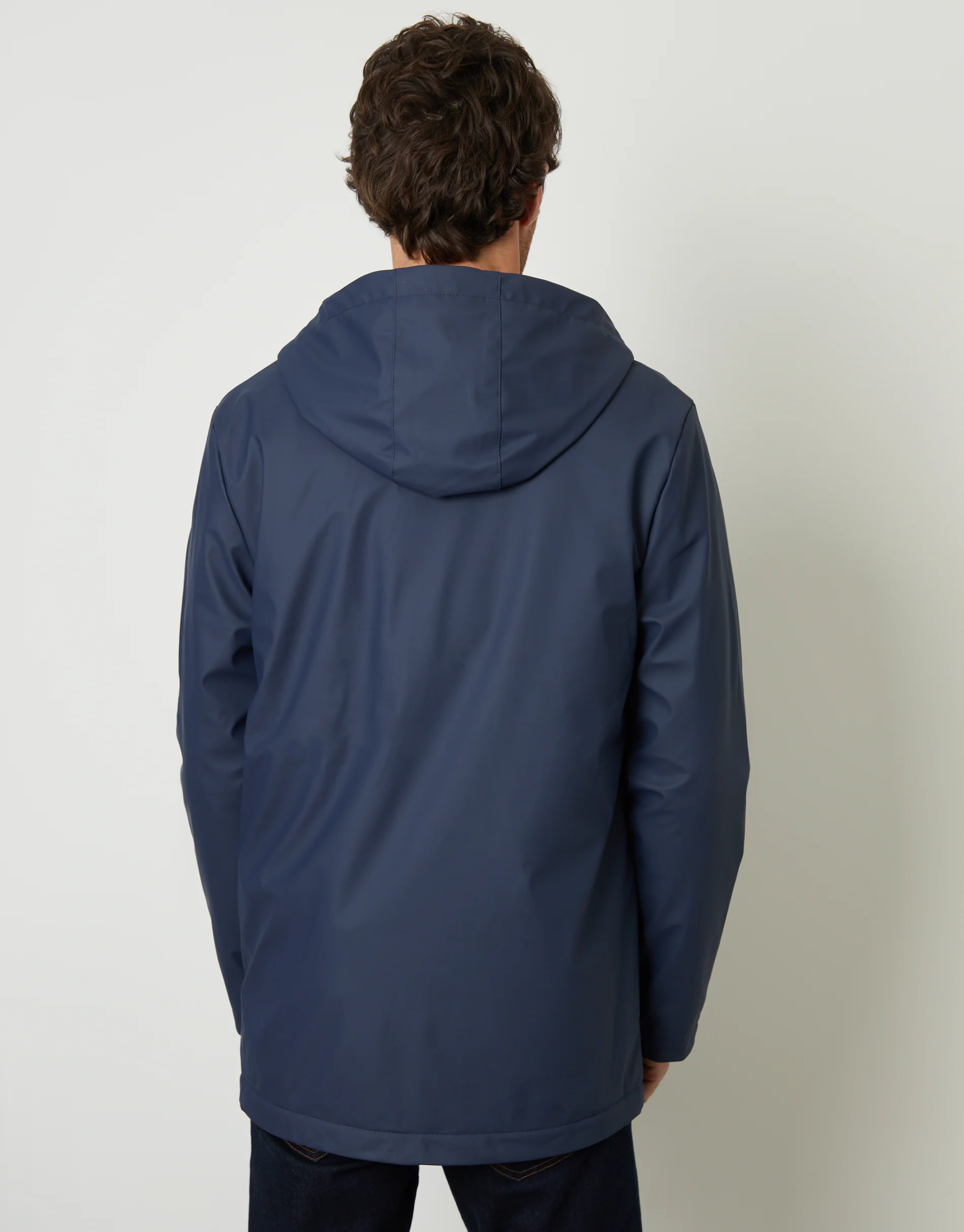 Microfleece Lined Hooded Rubberised Raincoat in Navy - Image 2
