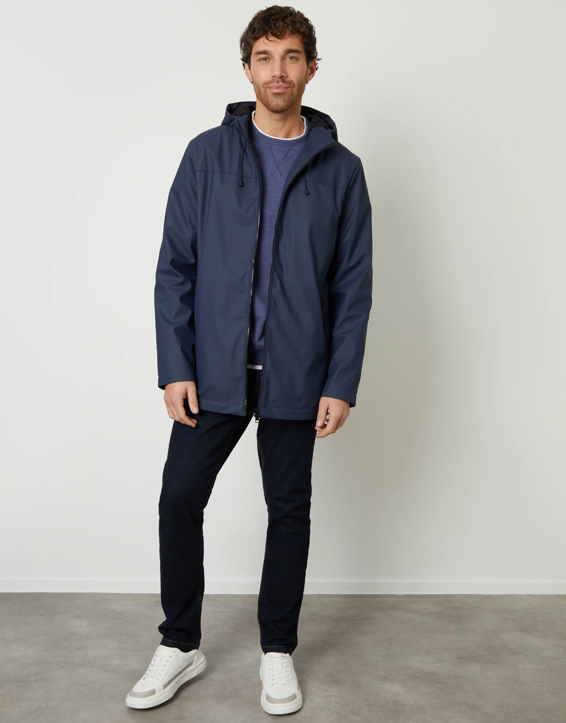 Microfleece Lined Hooded Rubberised Raincoat in Navy - Image 3