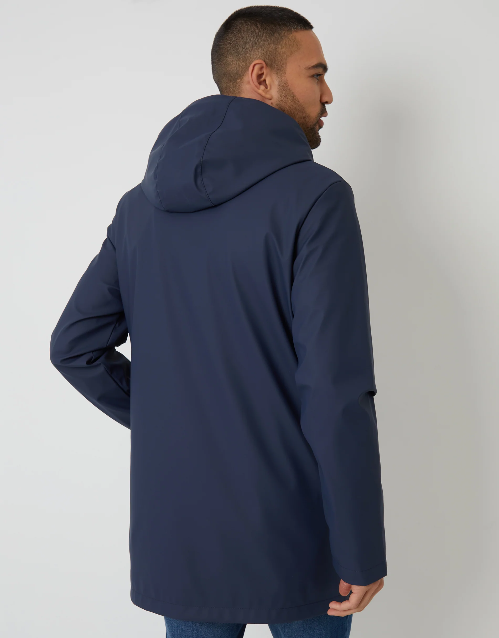 Microfleece Lined Longline Hooded Raincoat in Navy - Image 2