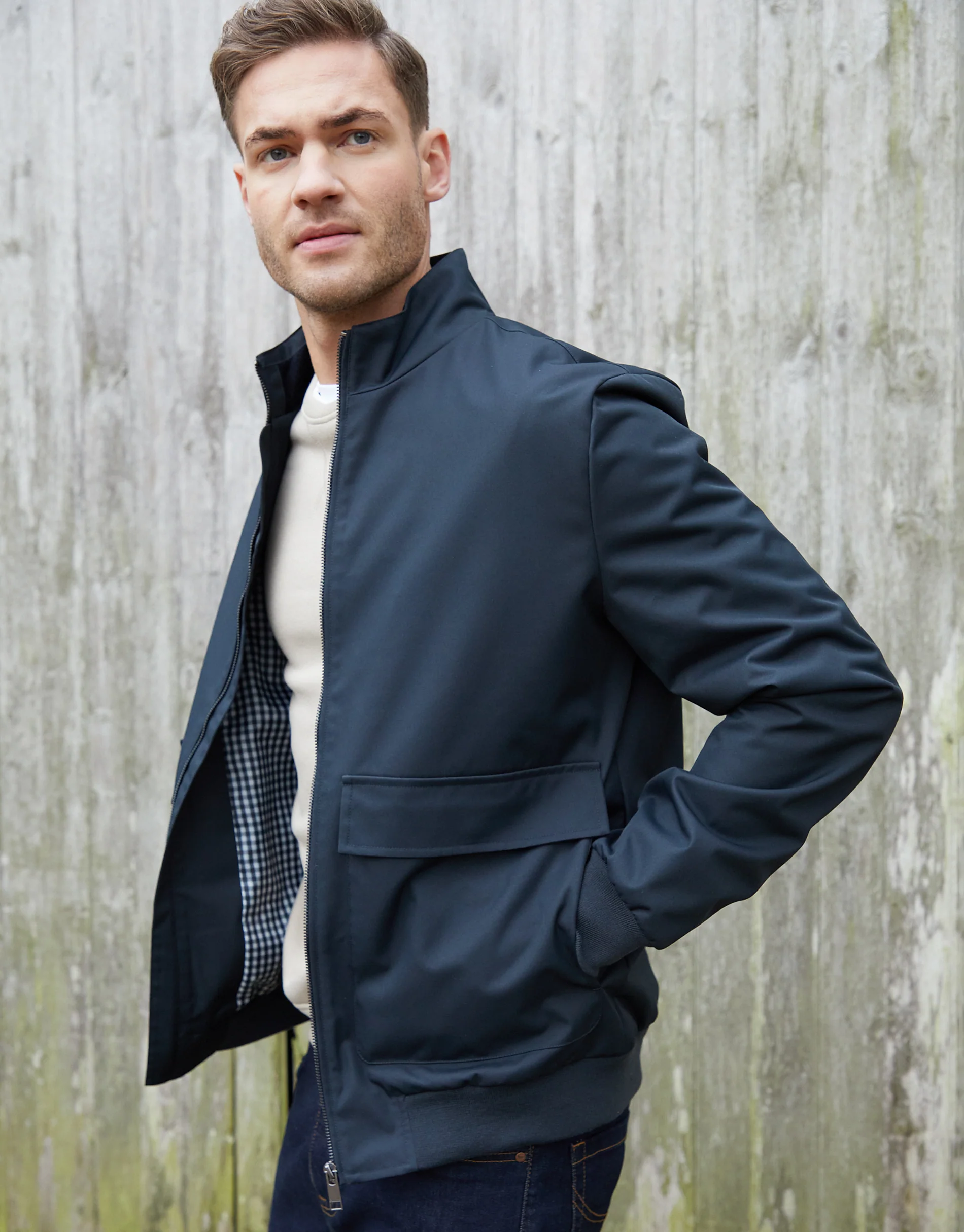Patch Pocket Funnel Neck Harrington Style Jacket in Navy
