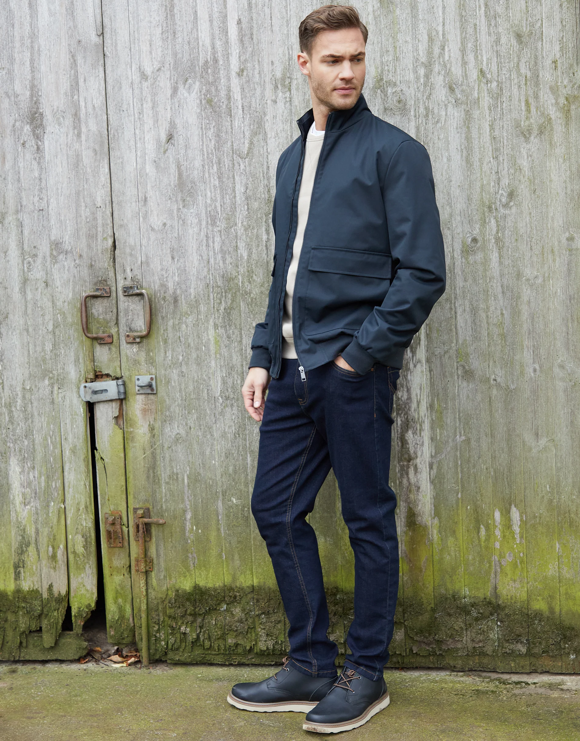 Patch Pocket Funnel Neck Harrington Style Jacket in Navy - Image 3