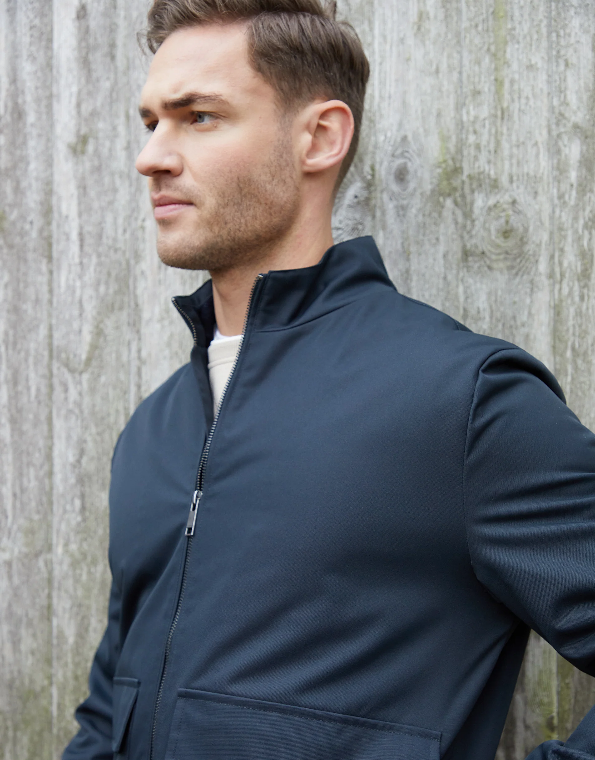 Patch Pocket Funnel Neck Harrington Style Jacket in Navy - Image 4