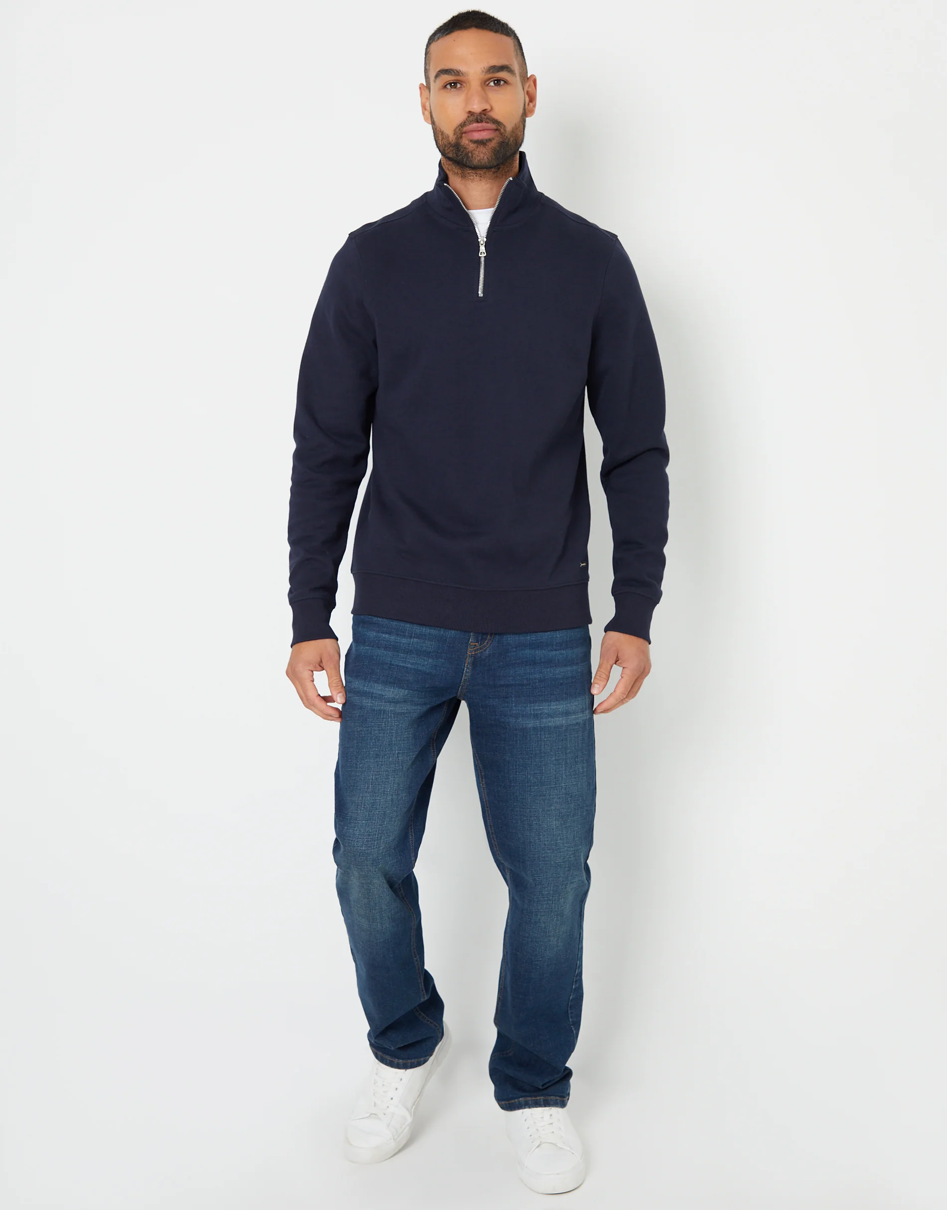 Pique Quarter Zip Funnel Neck Sweatshirt in Navy - Image 3