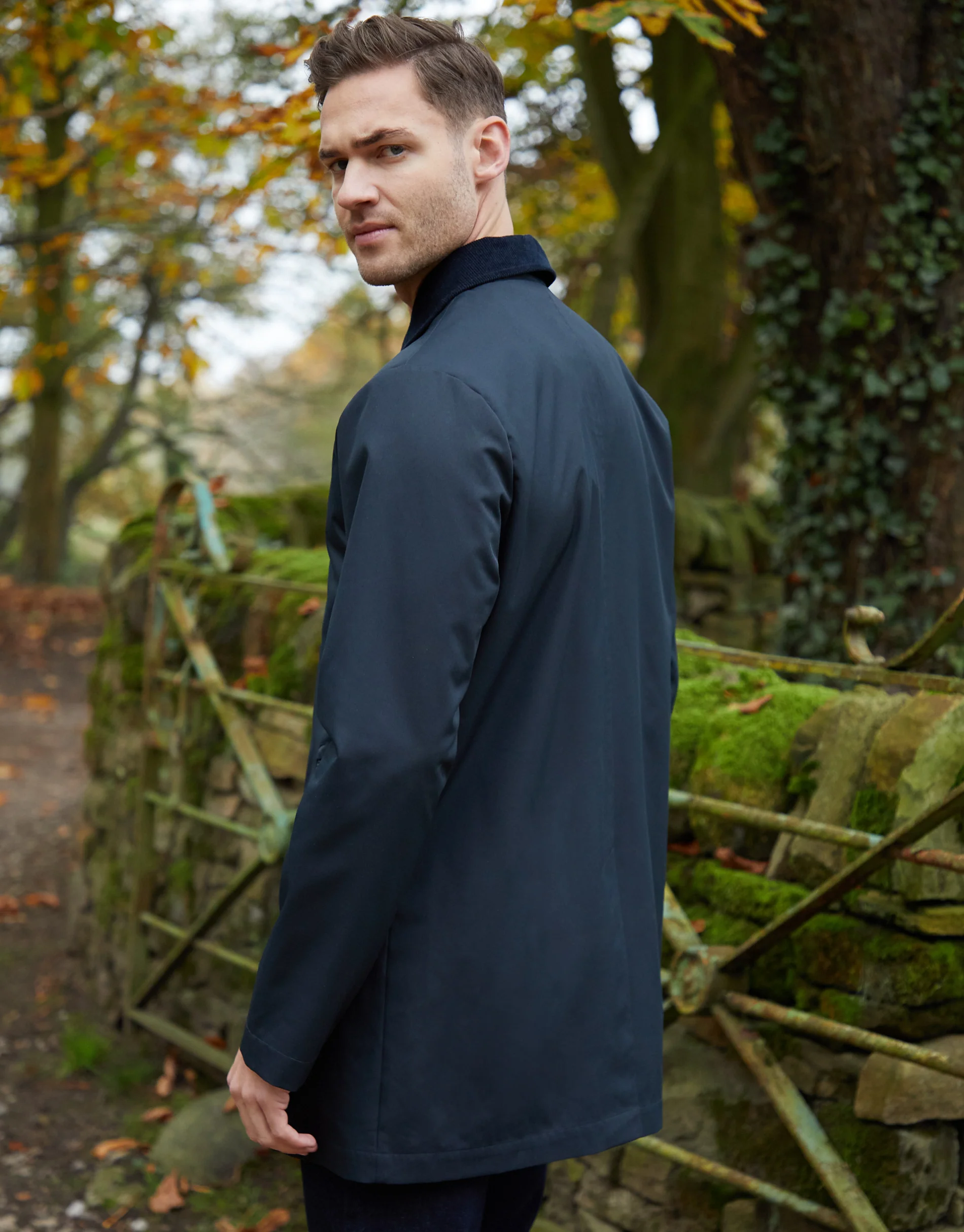 Showerproof Longline Corduroy Collar Mac in Navy - Image 2