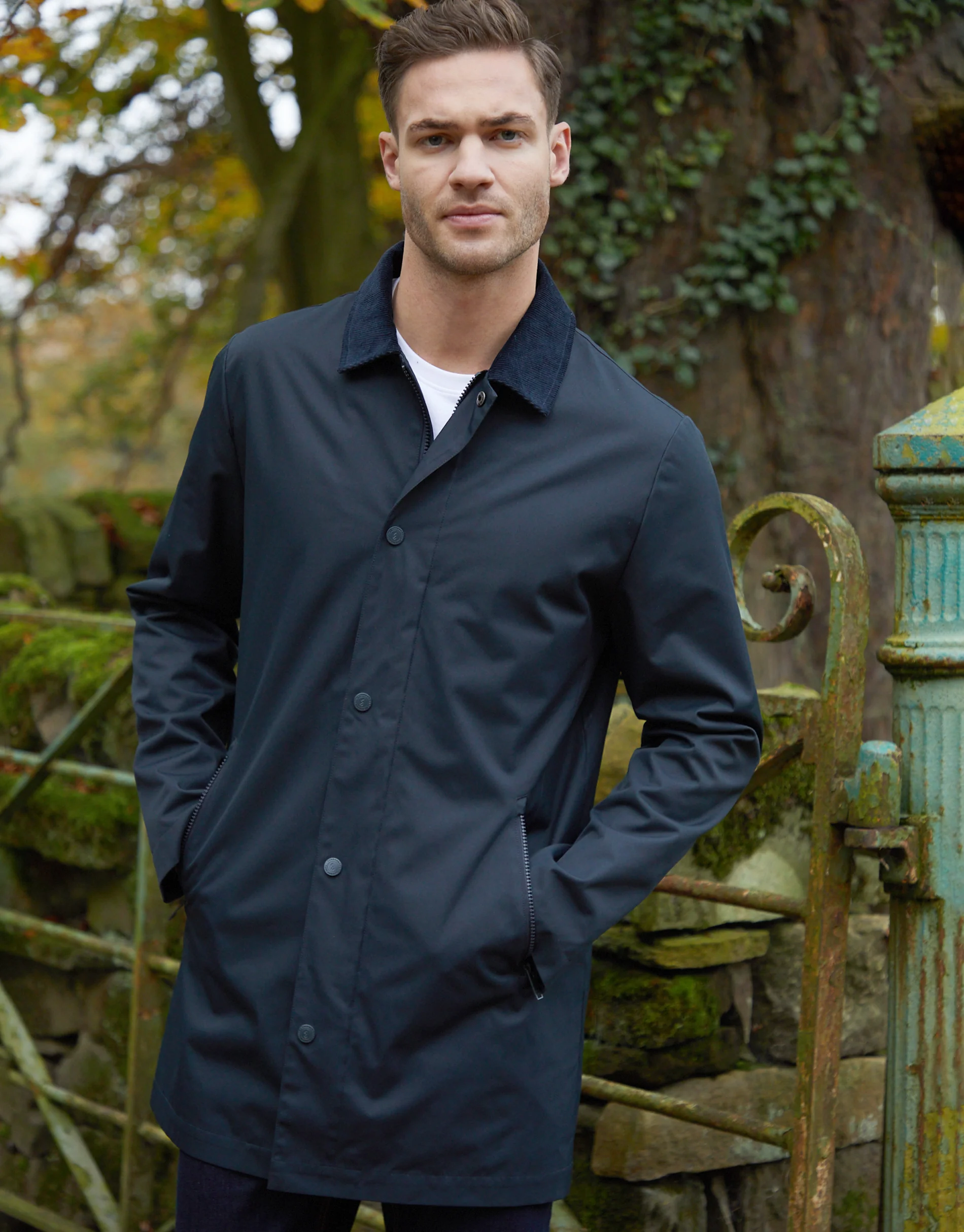 Showerproof Longline Corduroy Collar Mac in Navy - Image 5