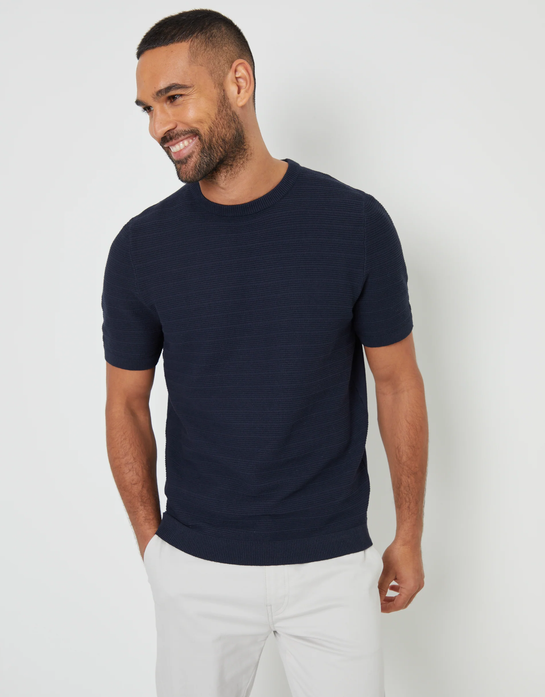 Textured Knitted T-Shirt in Navy