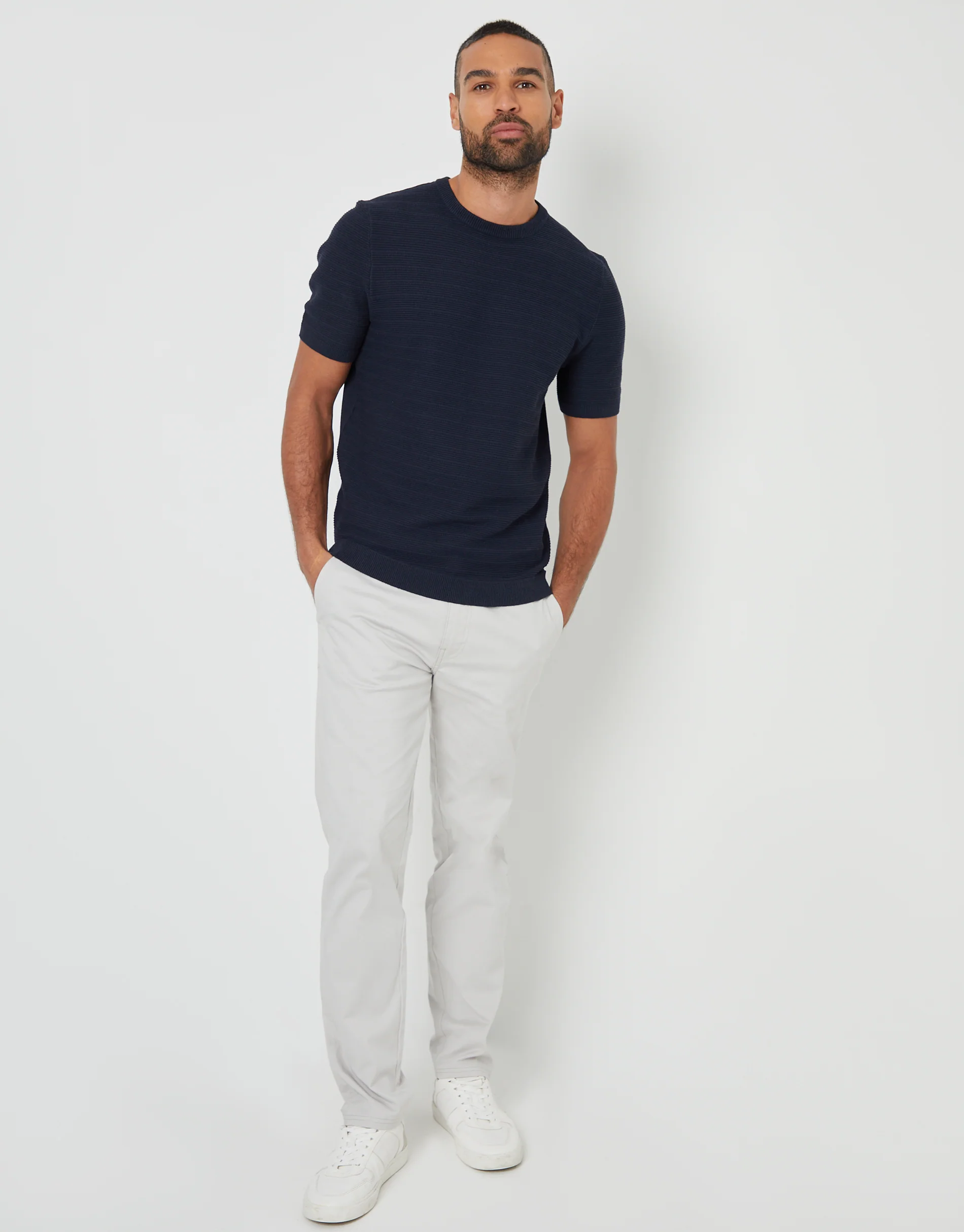 Textured Knitted T-Shirt in Navy - Image 3