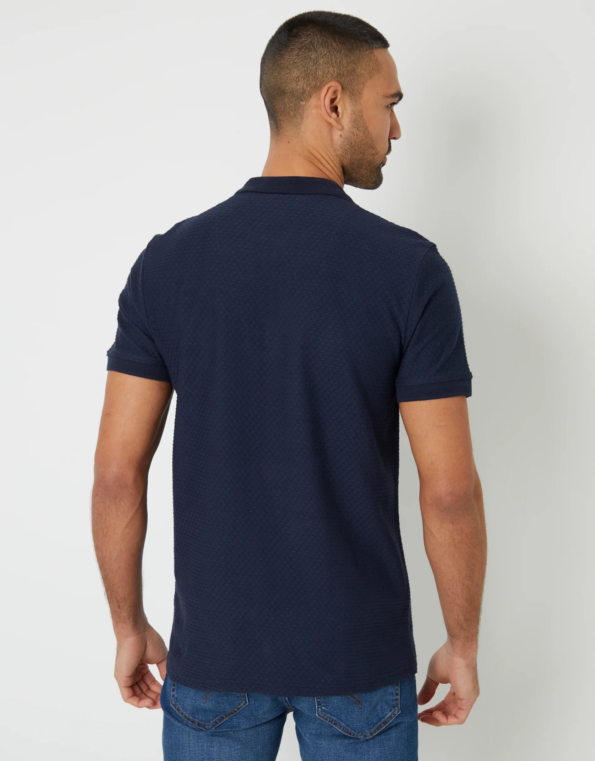 Textured Quarter Zip Polo Shirt in Navy - Image 2
