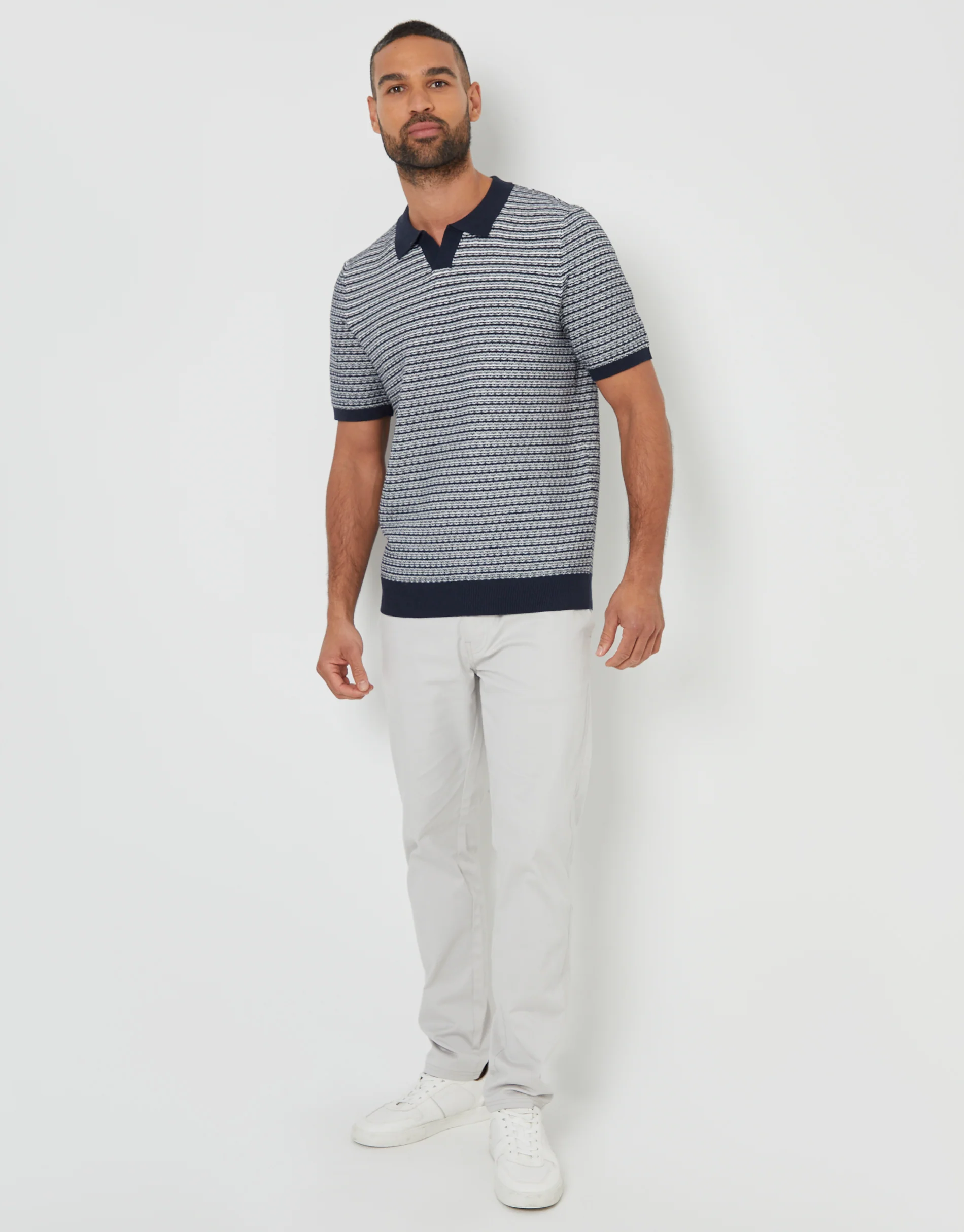 Textured Knit Trophy Neck Polo in Navy Stripe - Image 3